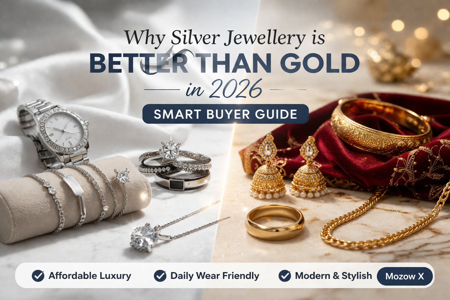 Silver jewellery collection with moissanite ring, necklace and earrings on satin background – modern luxury jewellery Mozow X