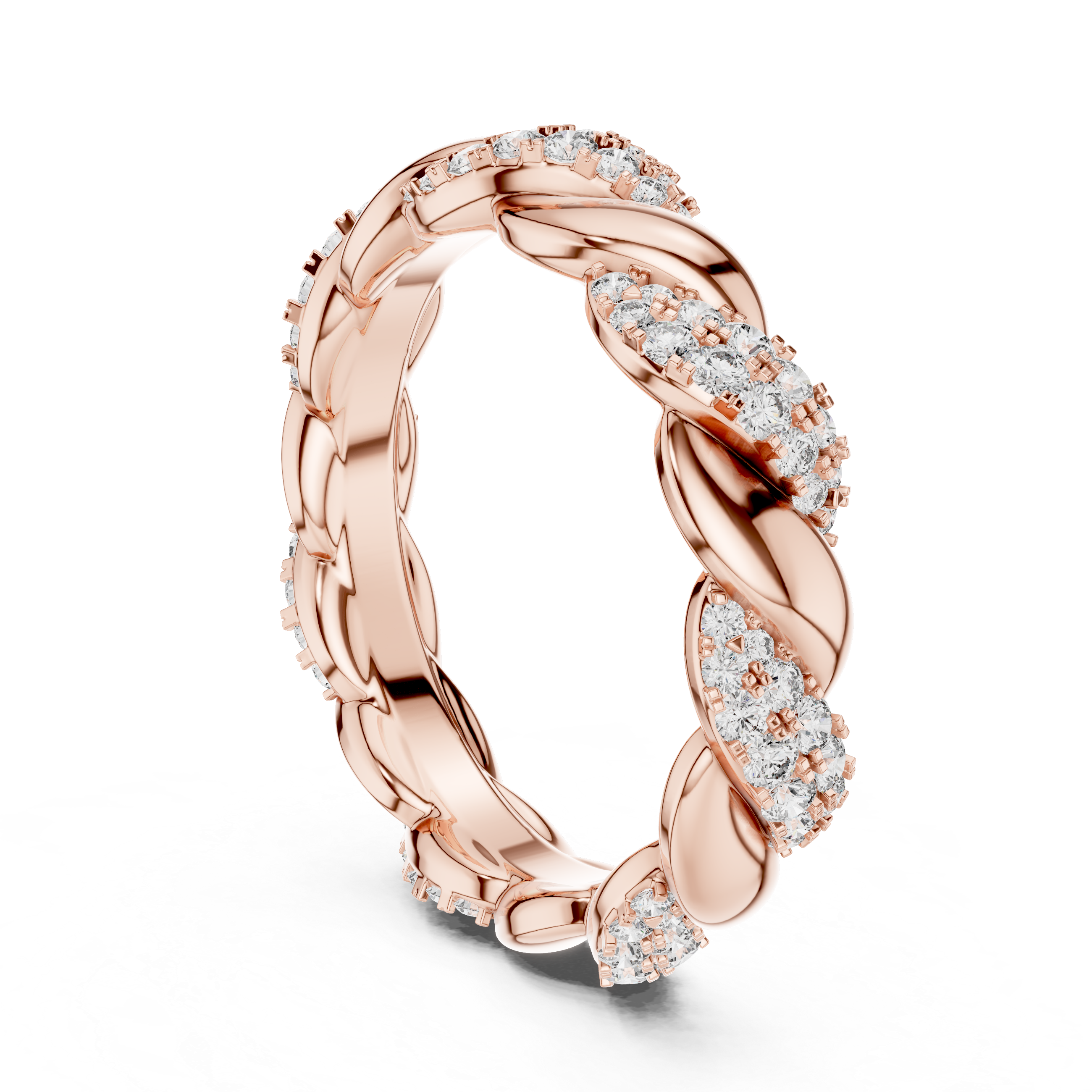 mozow x rose gold twisted moissanite eternity band angled perspective brilliant sparkle