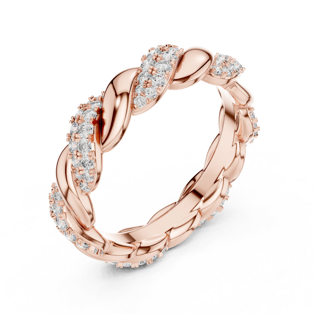 mozow x rose gold twisted moissanite ring top view round stone pave setting