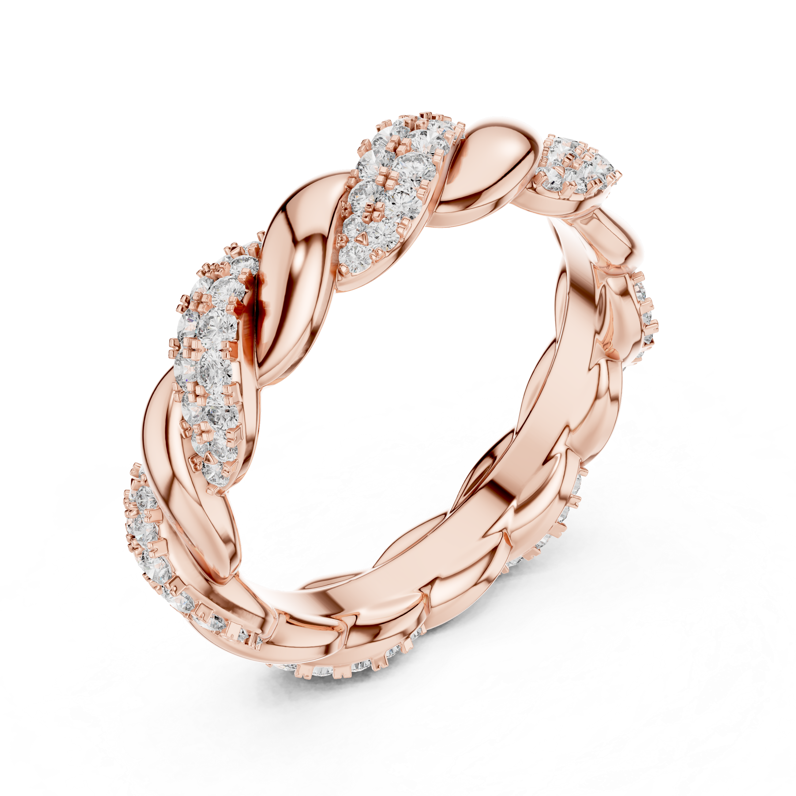mozow x rose gold twisted moissanite ring top view round stone pave setting