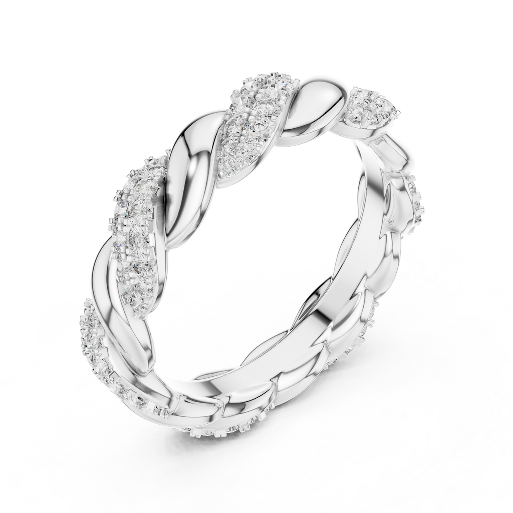 mozow x white gold twisted moissanite eternity ring top view brilliant round stones
