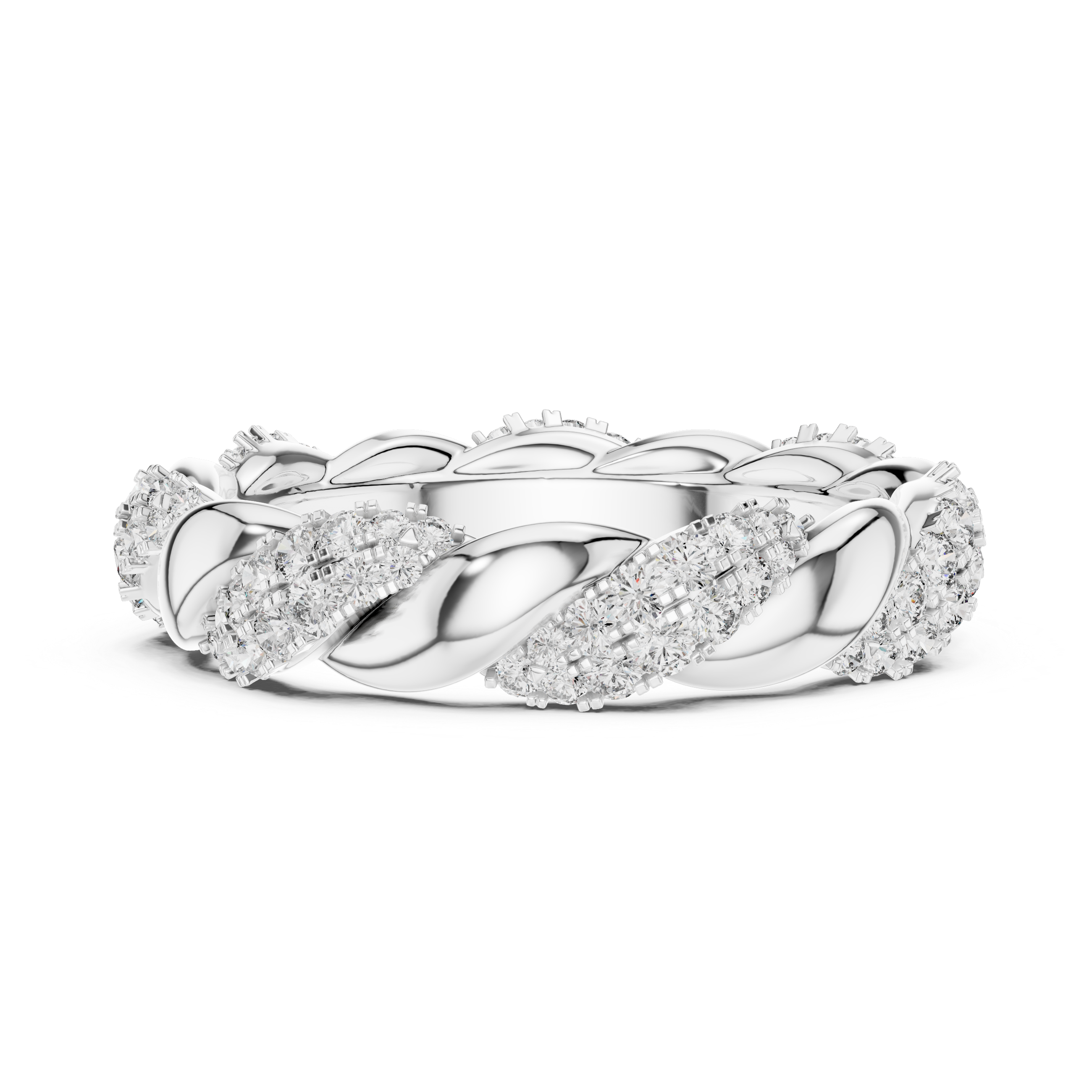 mozow x twisted moissanite eternity ring white gold front view sparkling pave band design