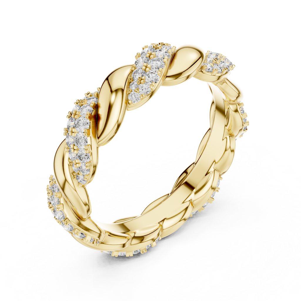 mozow x yellow gold twisted moissanite ring top view round brilliant stones