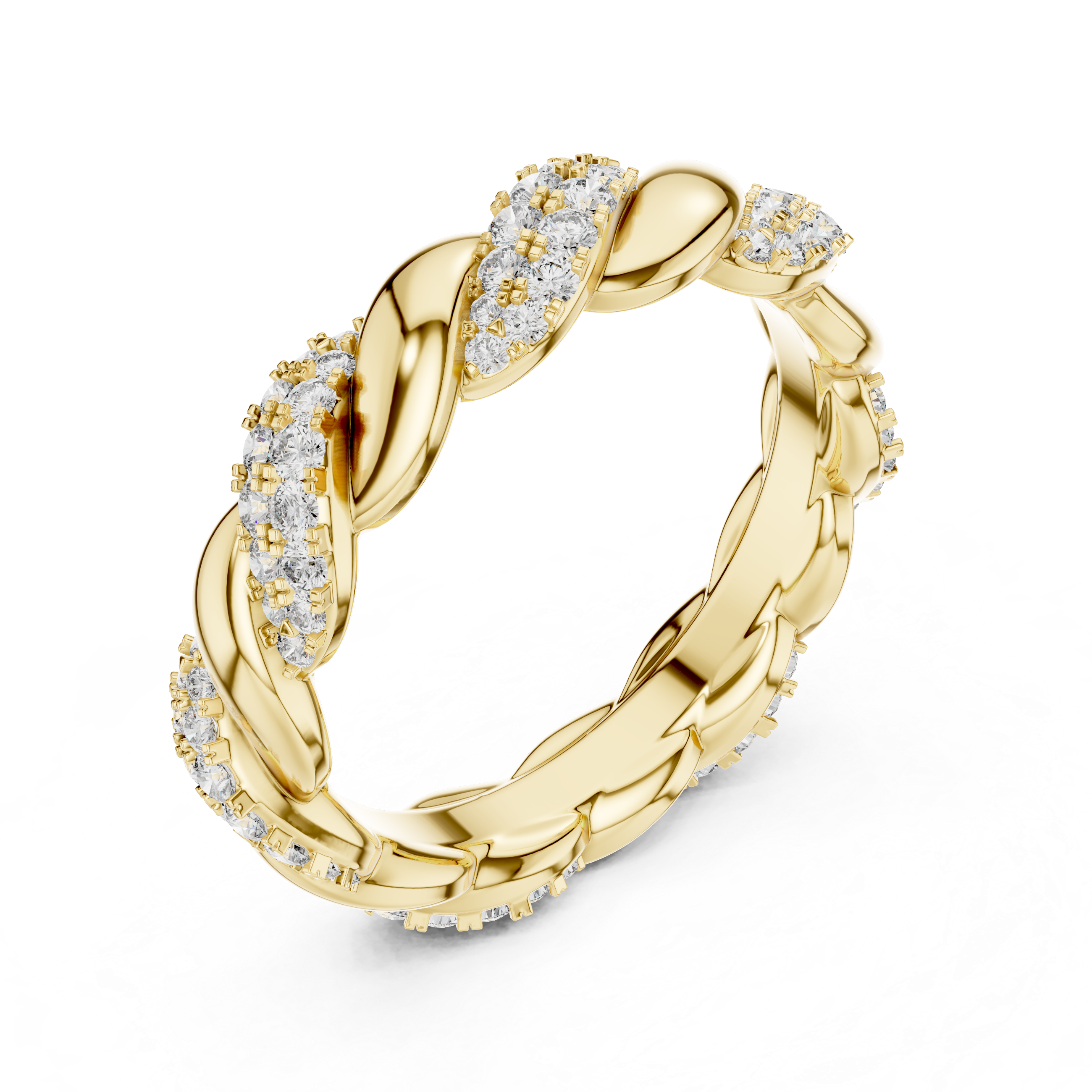mozow x yellow gold twisted moissanite ring top view round brilliant stones