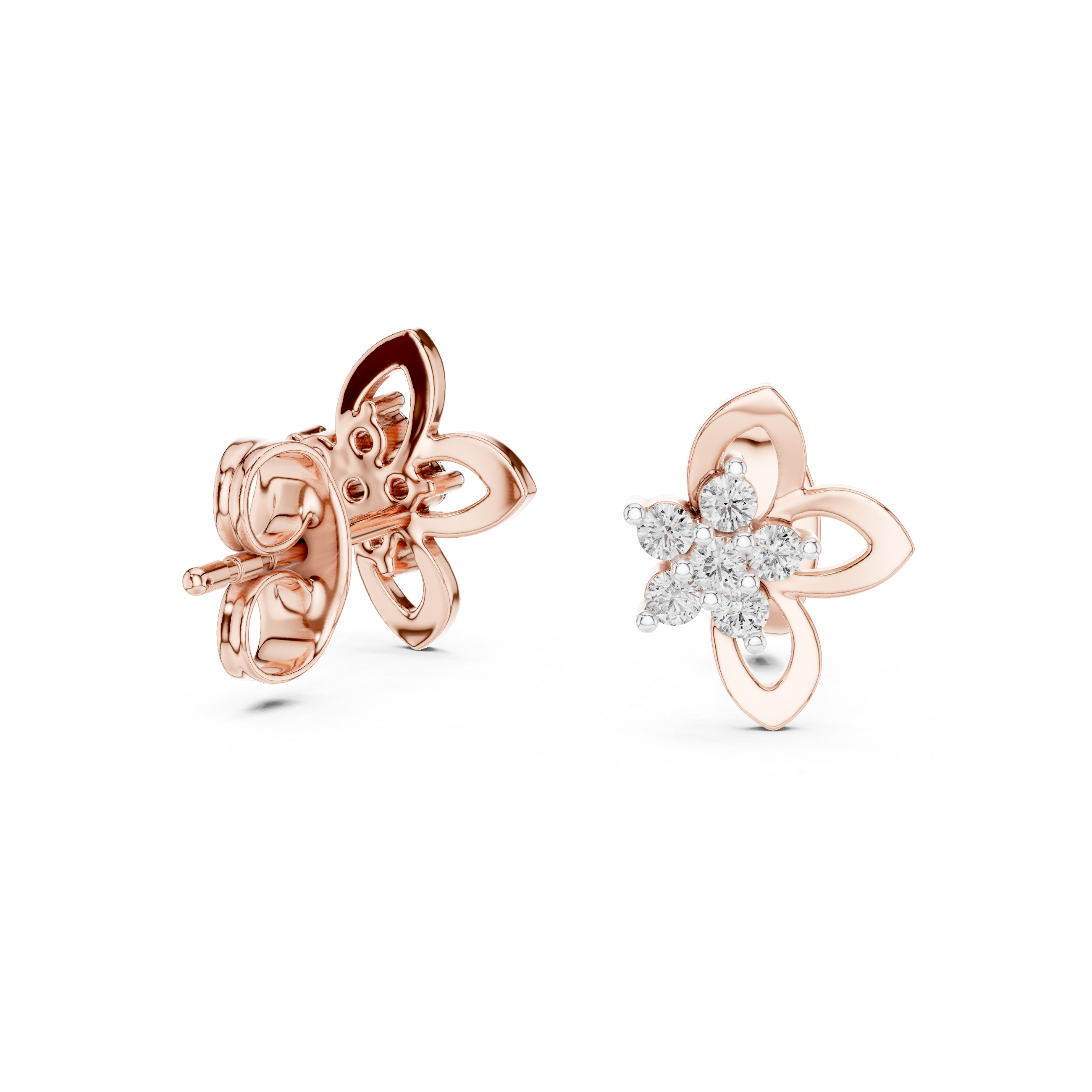 mozow x rose gold flower moissanite stud earrings close up sparkle view