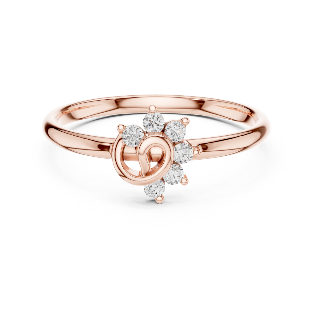 Rose gold ring with diamond accents on a white background