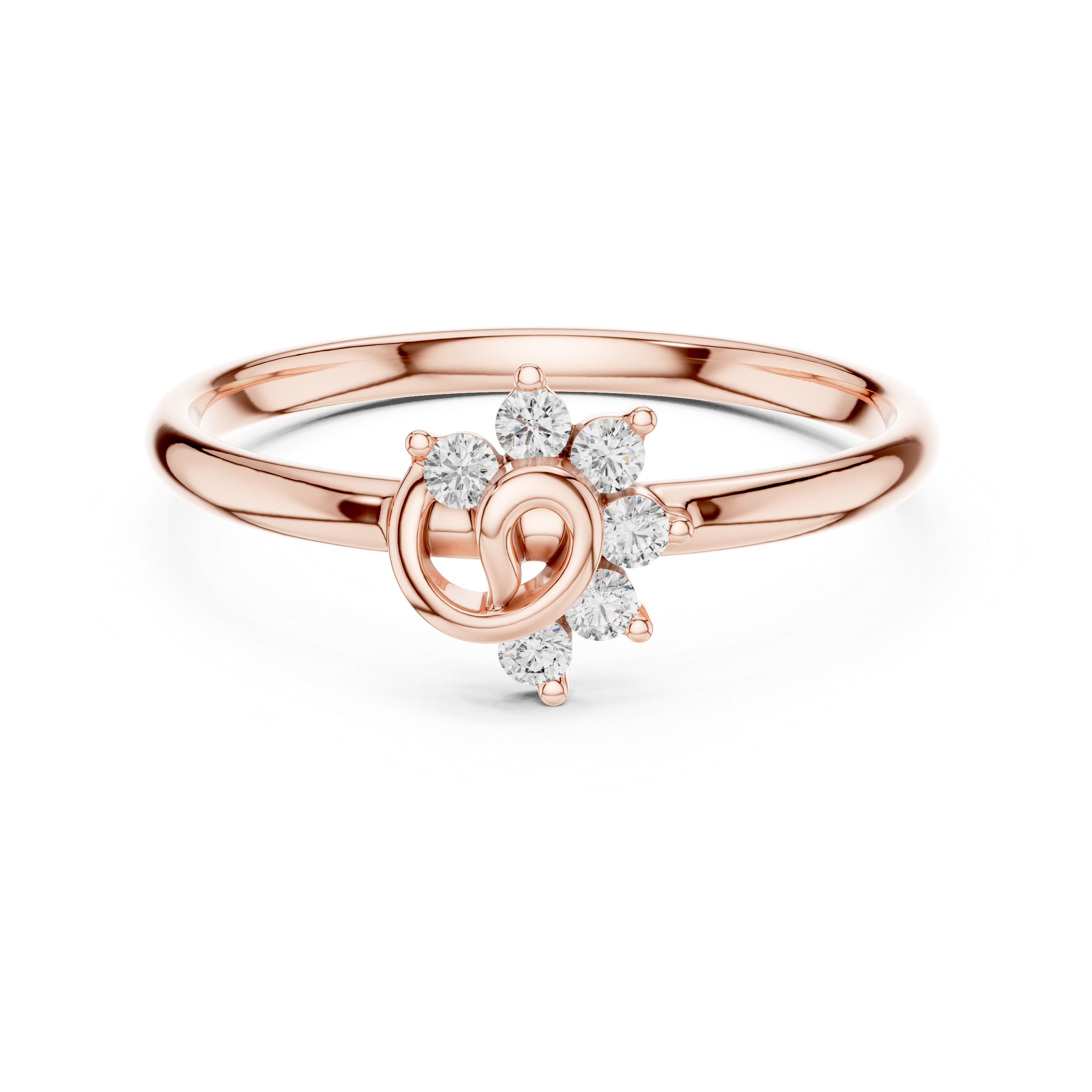 Rose gold ring with diamond accents on a white background