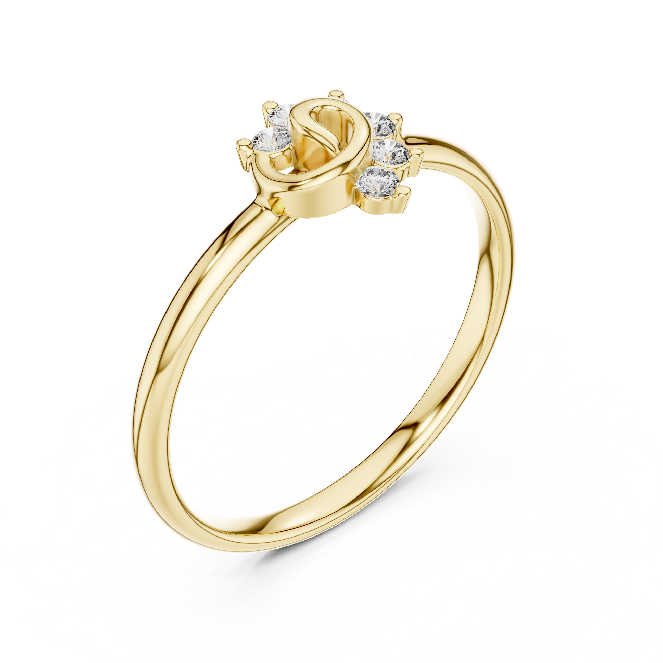 Gold ring with diamond accents on a white background