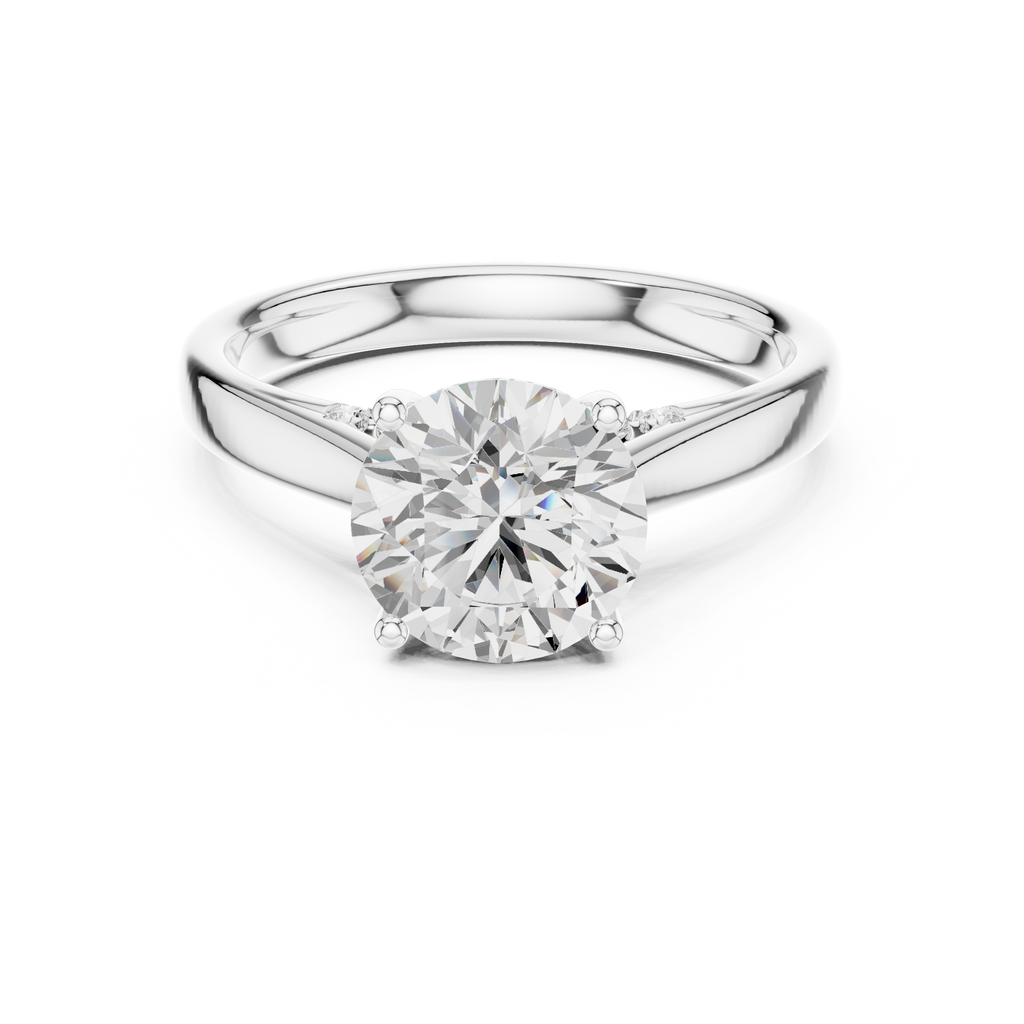 White gold round moissanite solitaire ring with classic prong setting front view