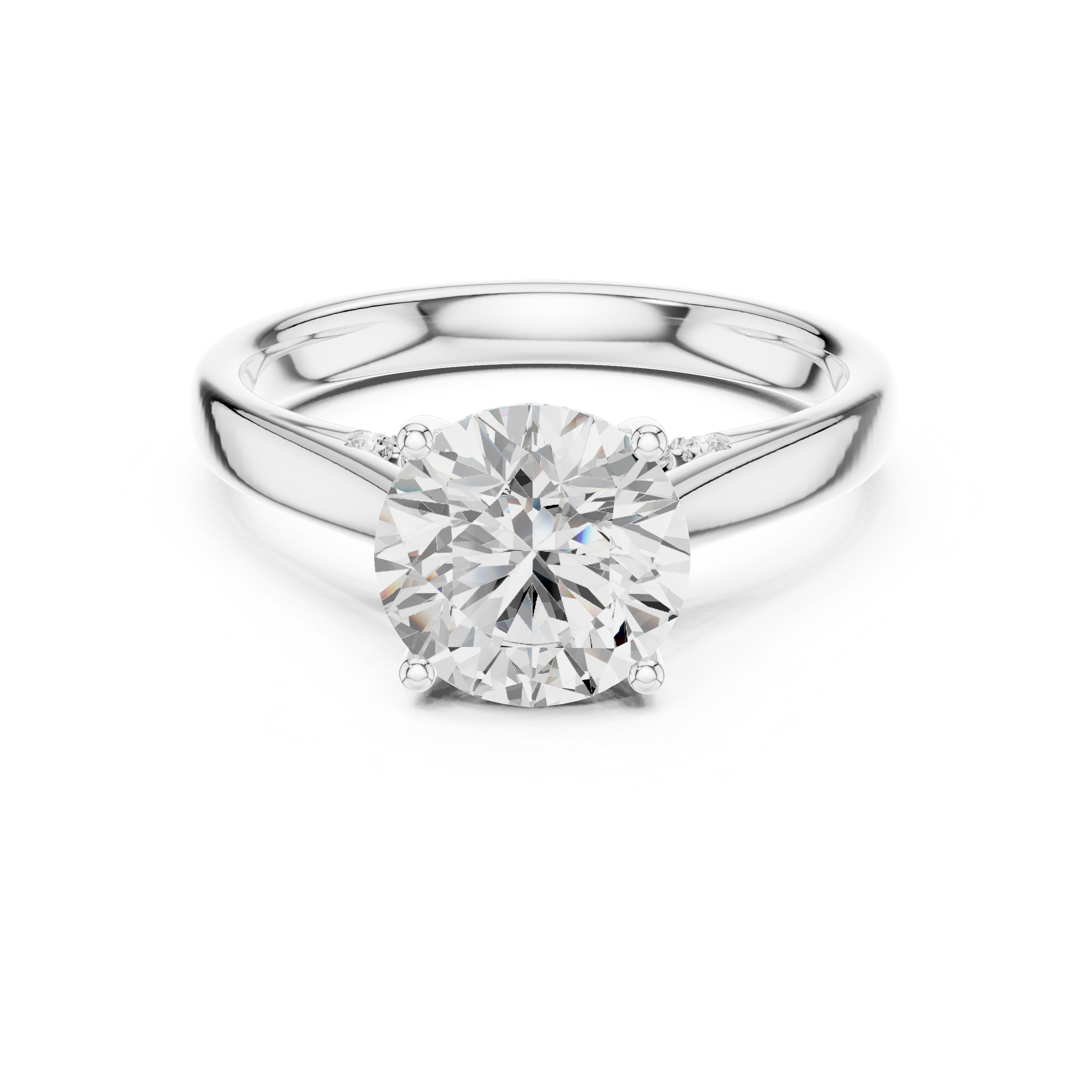 White gold round moissanite solitaire ring with classic prong setting front view
