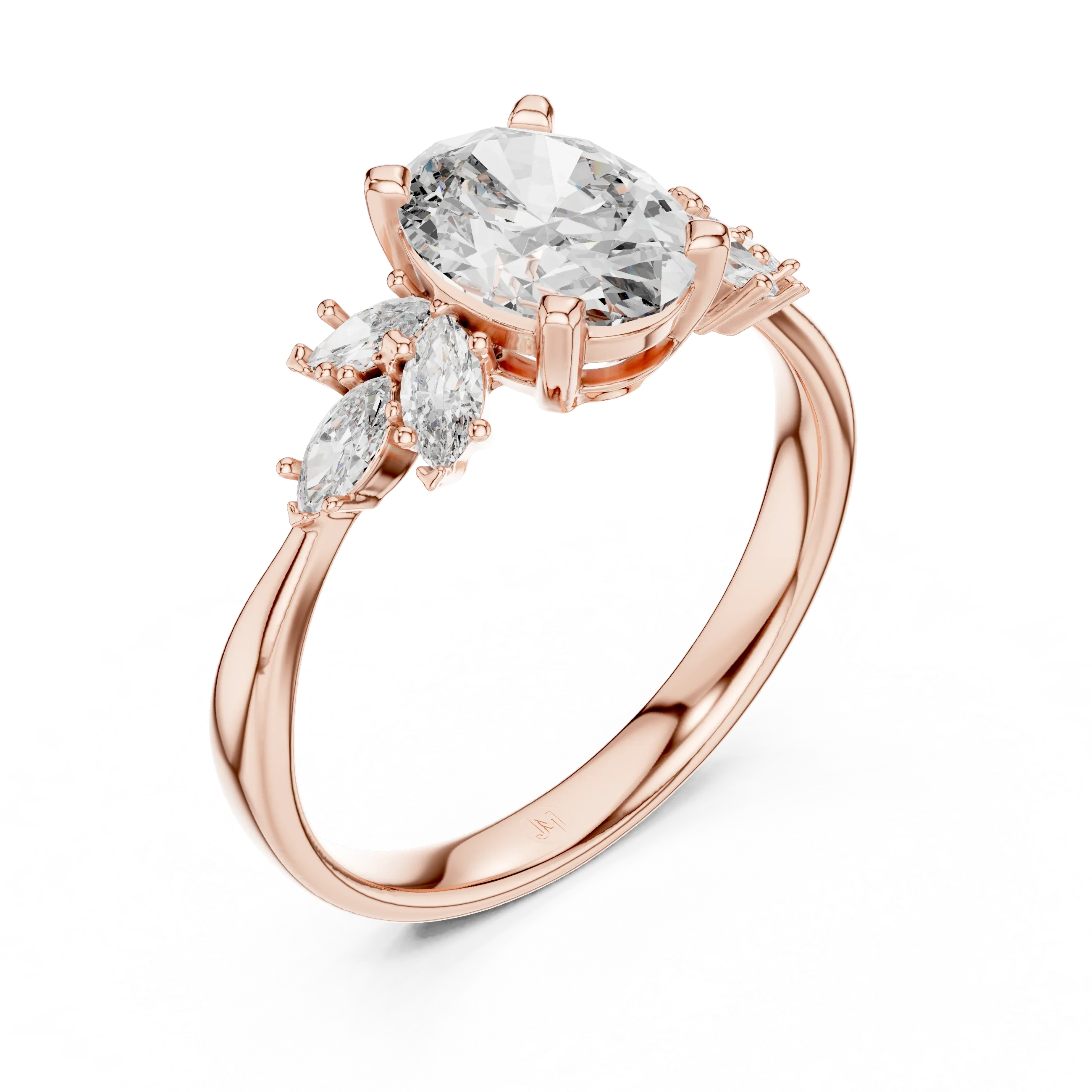 Rose gold ring with oval and marquise cut clear stones, elegant jewelry design