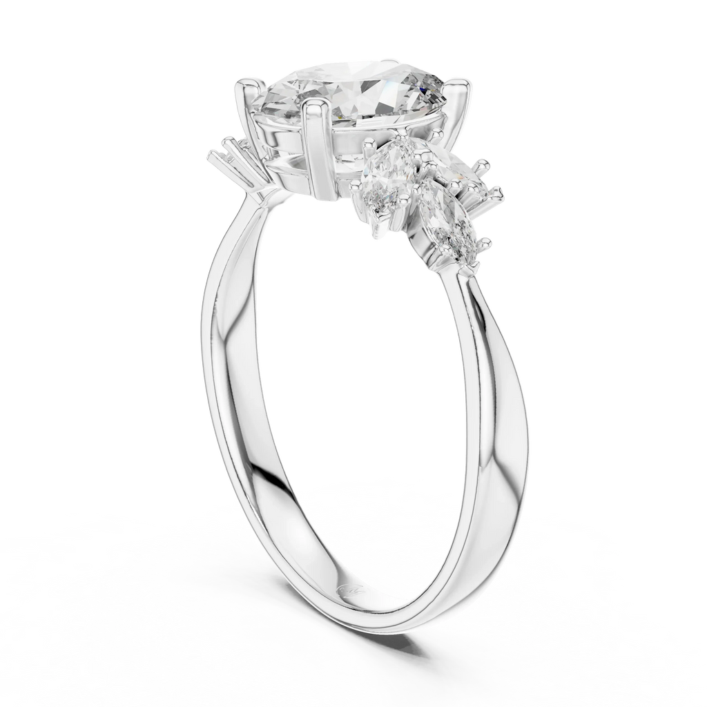 Elegant silver engagement ring with large round center stone and side marquise-cut stones