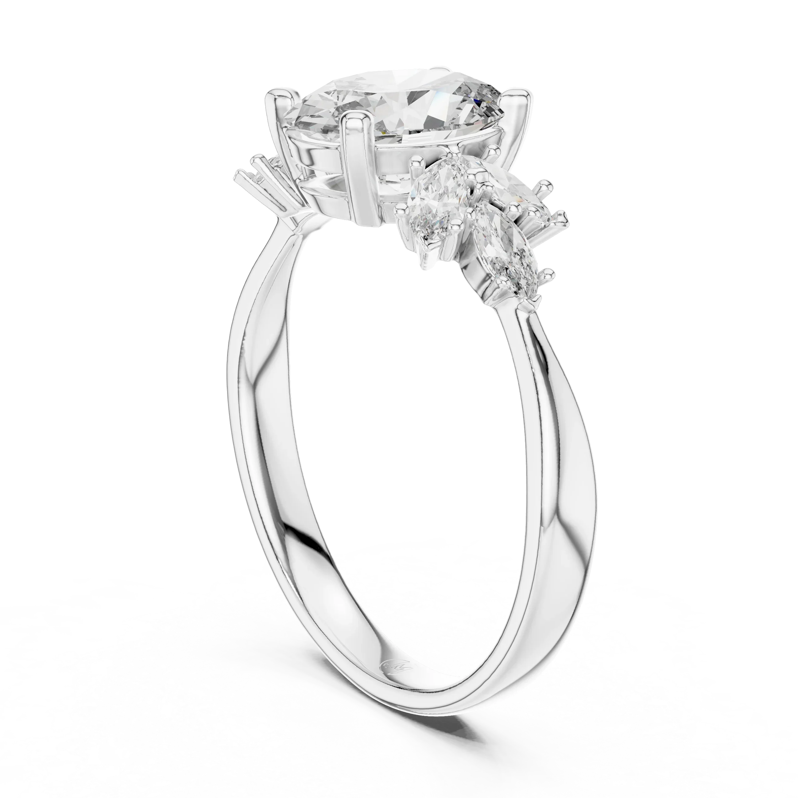 Elegant silver engagement ring with large round center stone and side marquise-cut stones