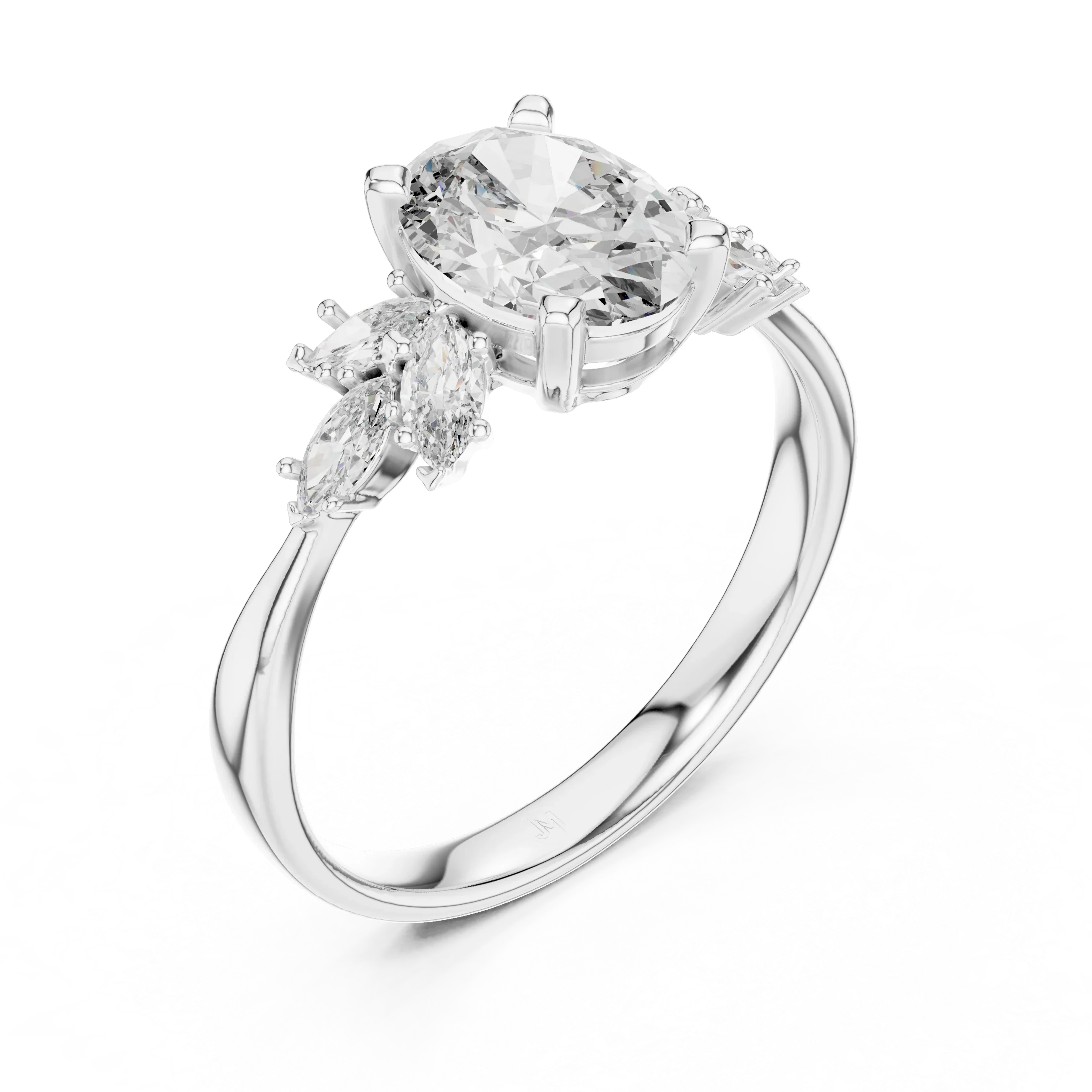 Oval cut gemstone ring with marquise side stones on a polished silver band, elegant design