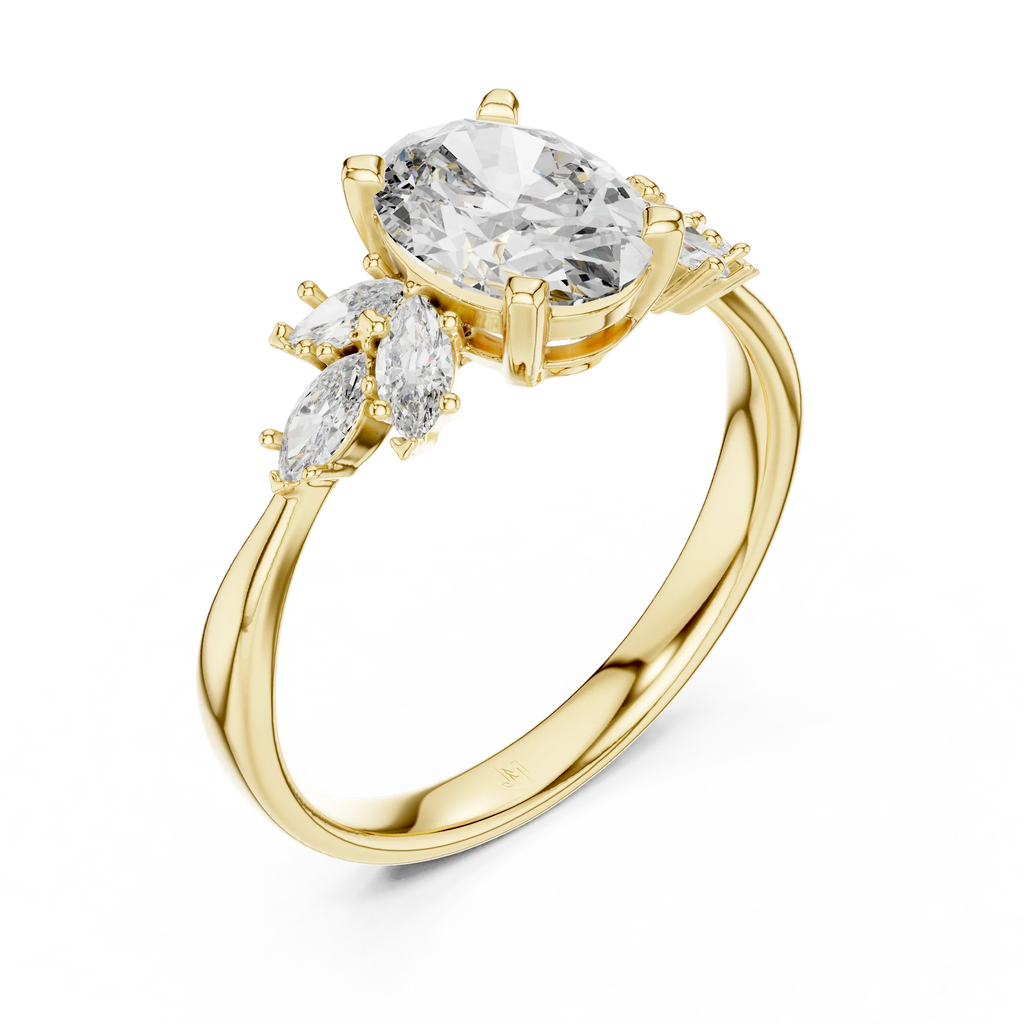 Gold ring with large oval gemstone and marquise-cut side stones on a decorative background