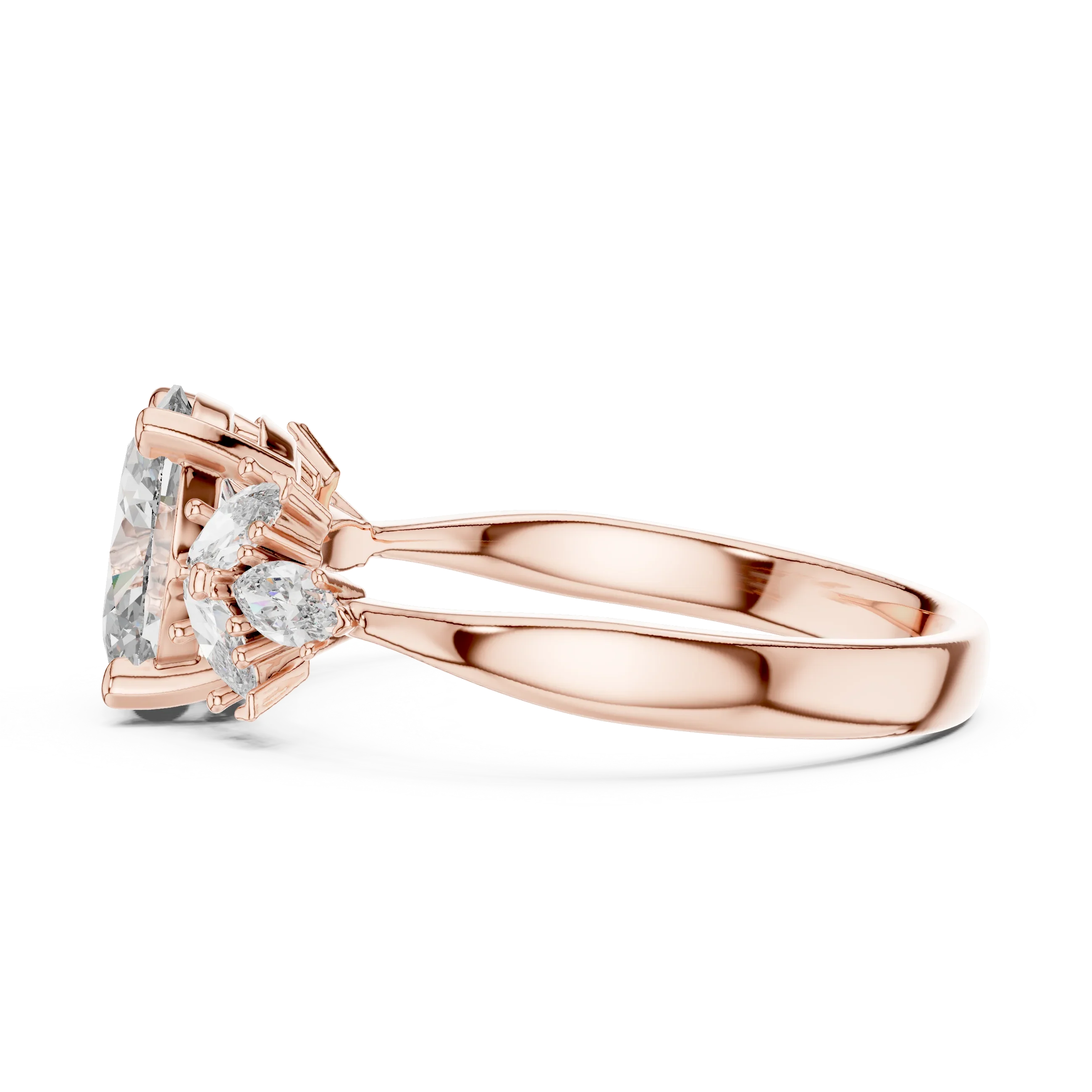 Rose gold ring with oval diamond center and marquise accents, side view on white background