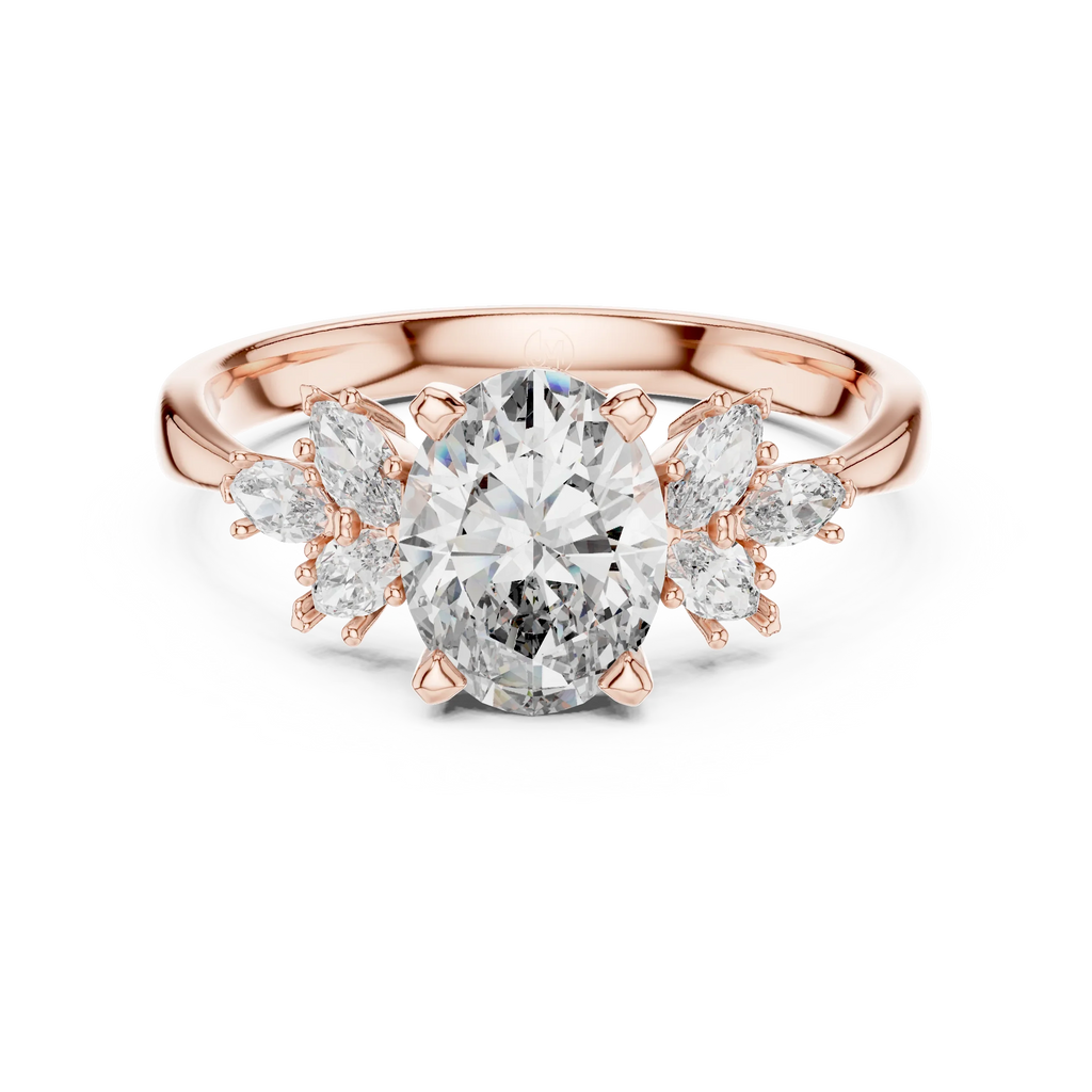 Oval cut diamond engagement ring with rose gold band and marquise side stones
