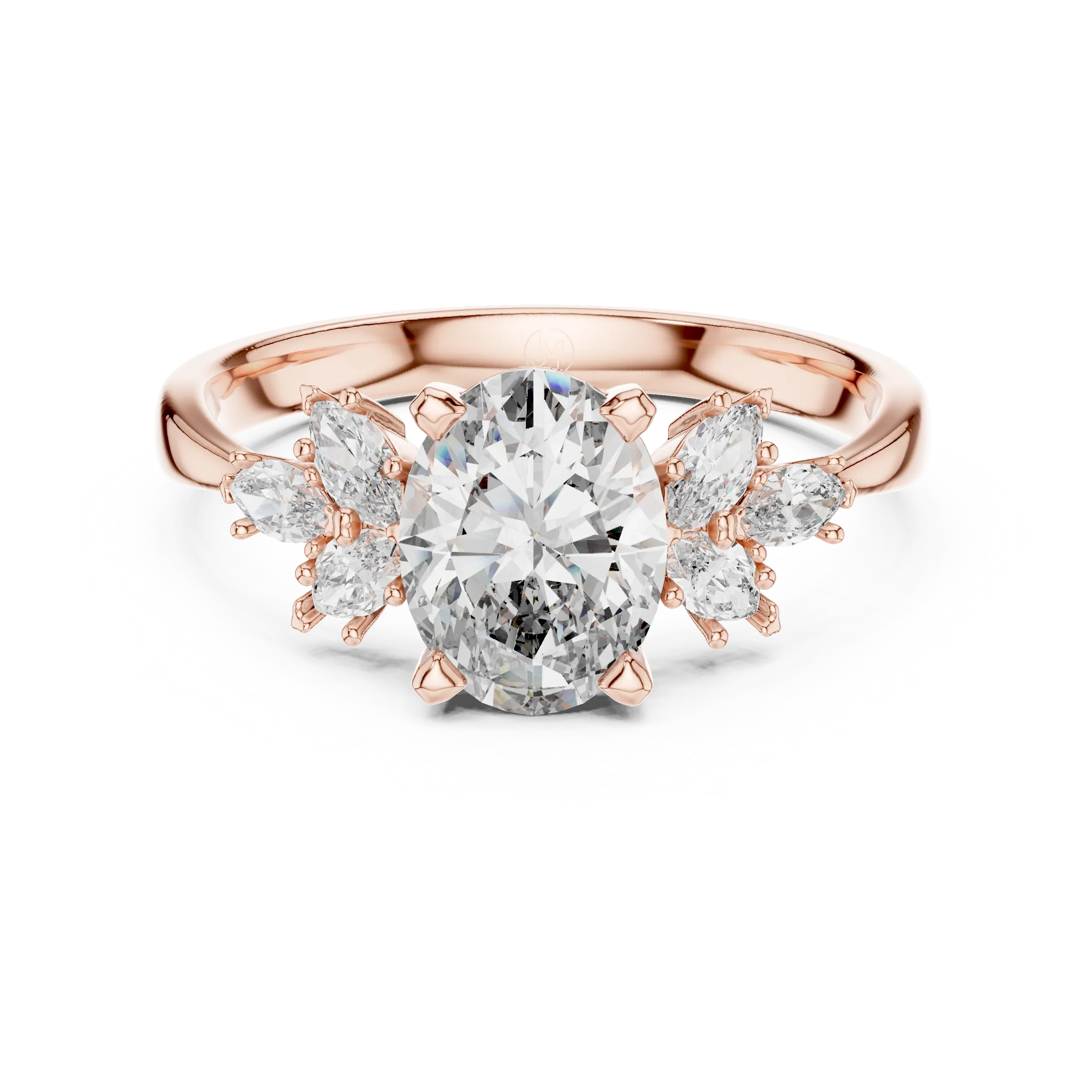 Oval cut diamond engagement ring with rose gold band and marquise side stones