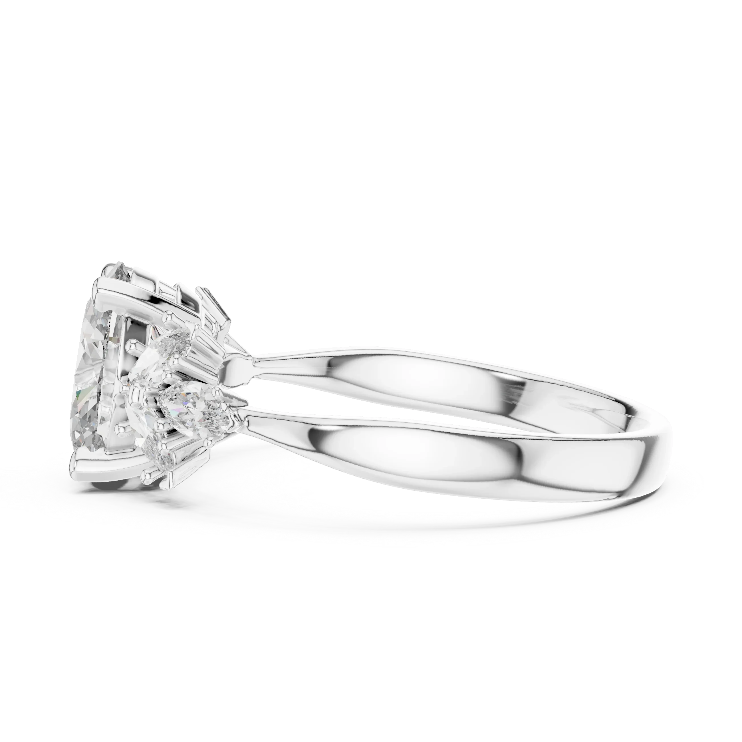 Side view of a white gold engagement ring with a large rectangular diamond and tapered baguette accents