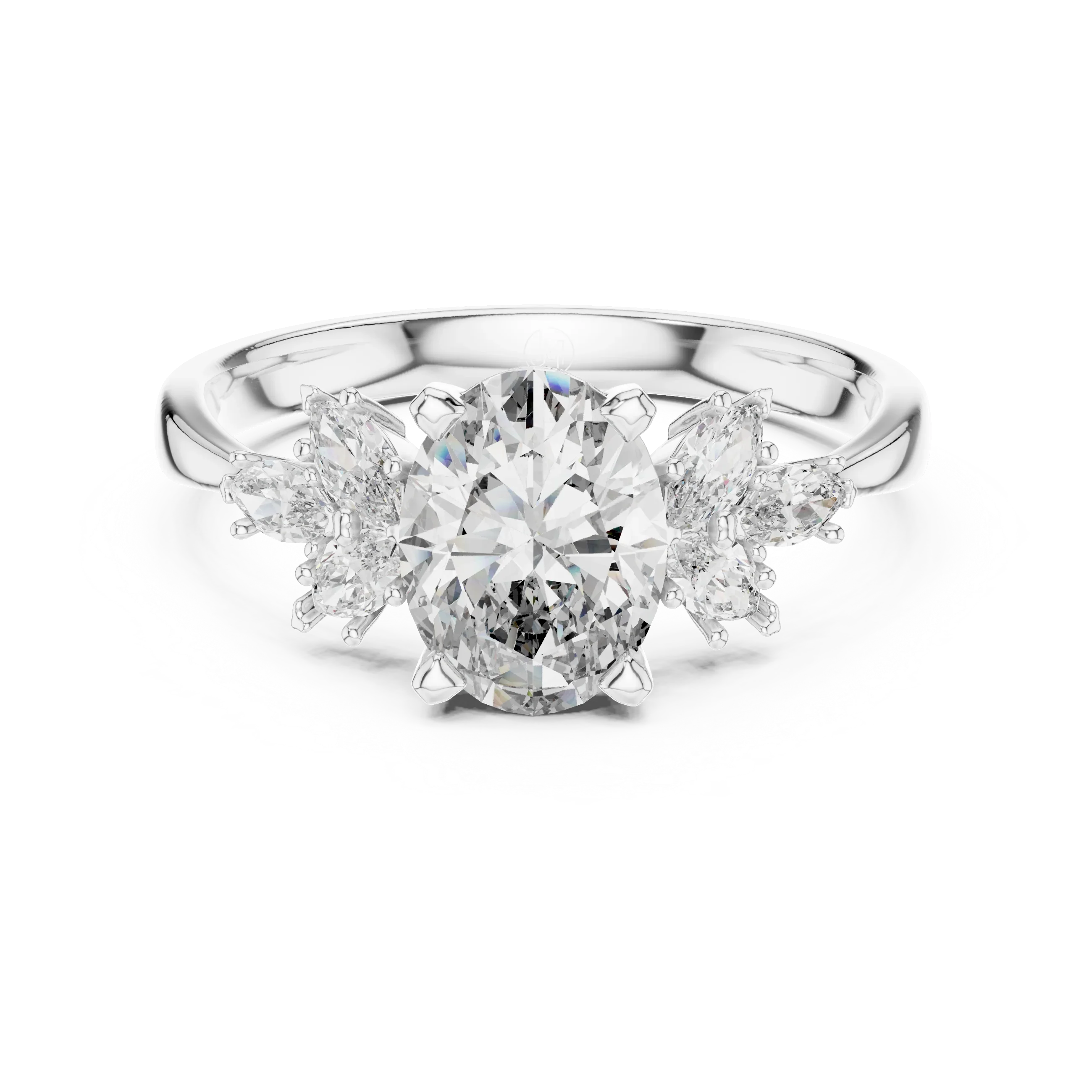 Oval cut diamond engagement ring with marquise side stones on a white gold band
