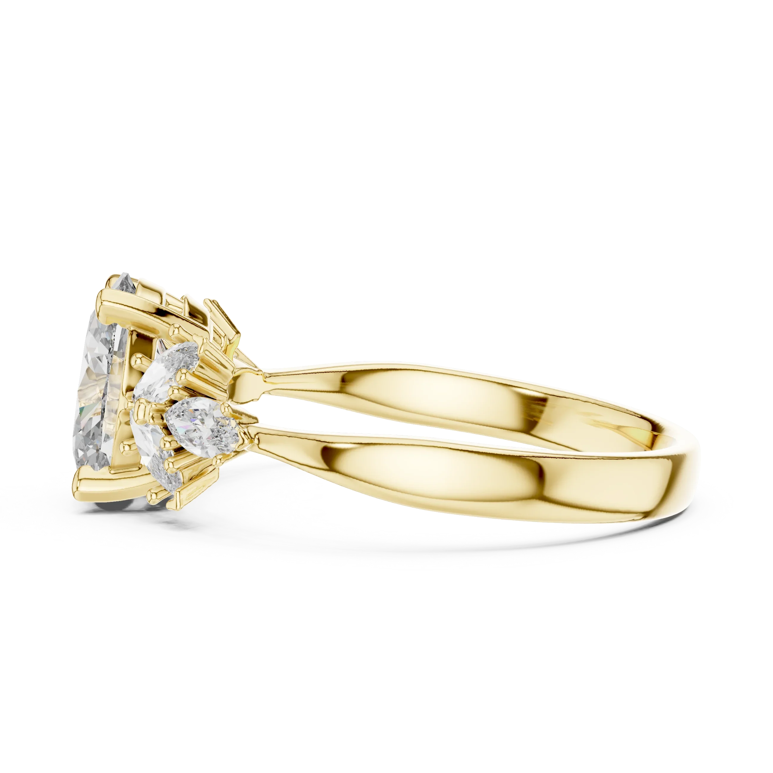 Yellow gold ring with split band and cluster of marquise and pear-cut clear gemstones