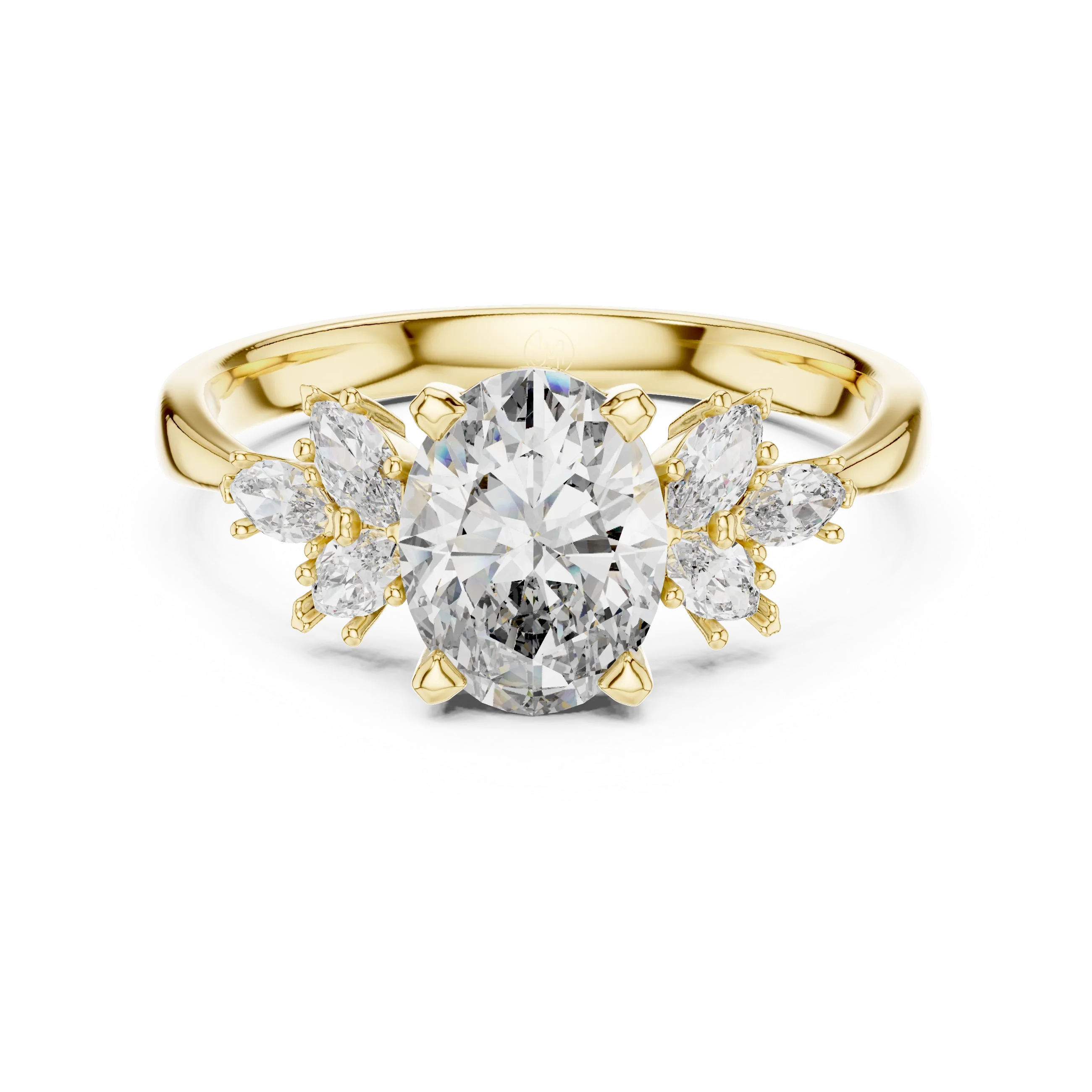 Oval cut diamond ring with marquise side stones on a yellow gold band