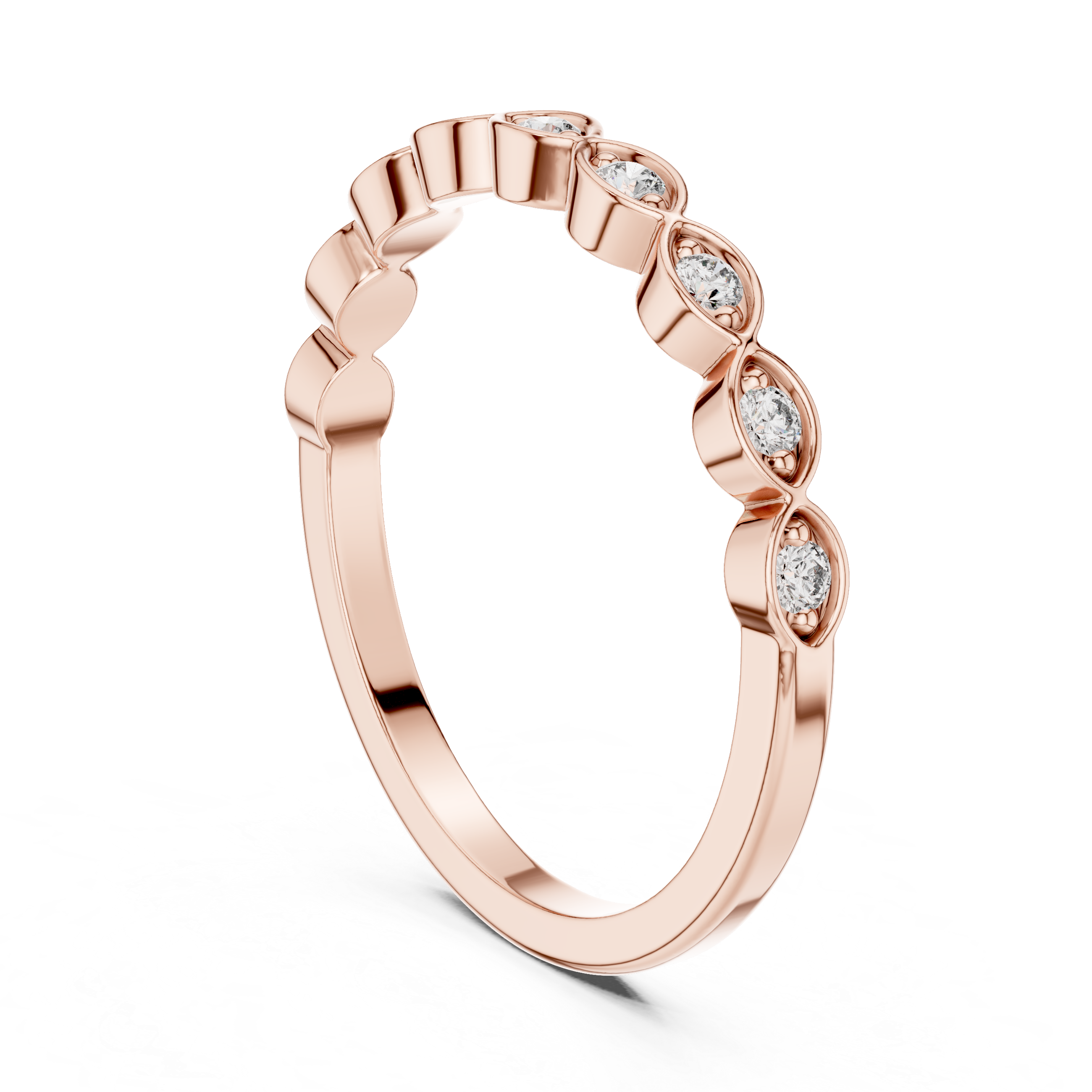 mozow x rose gold moissanite band ring angled perspective brilliant sparkle