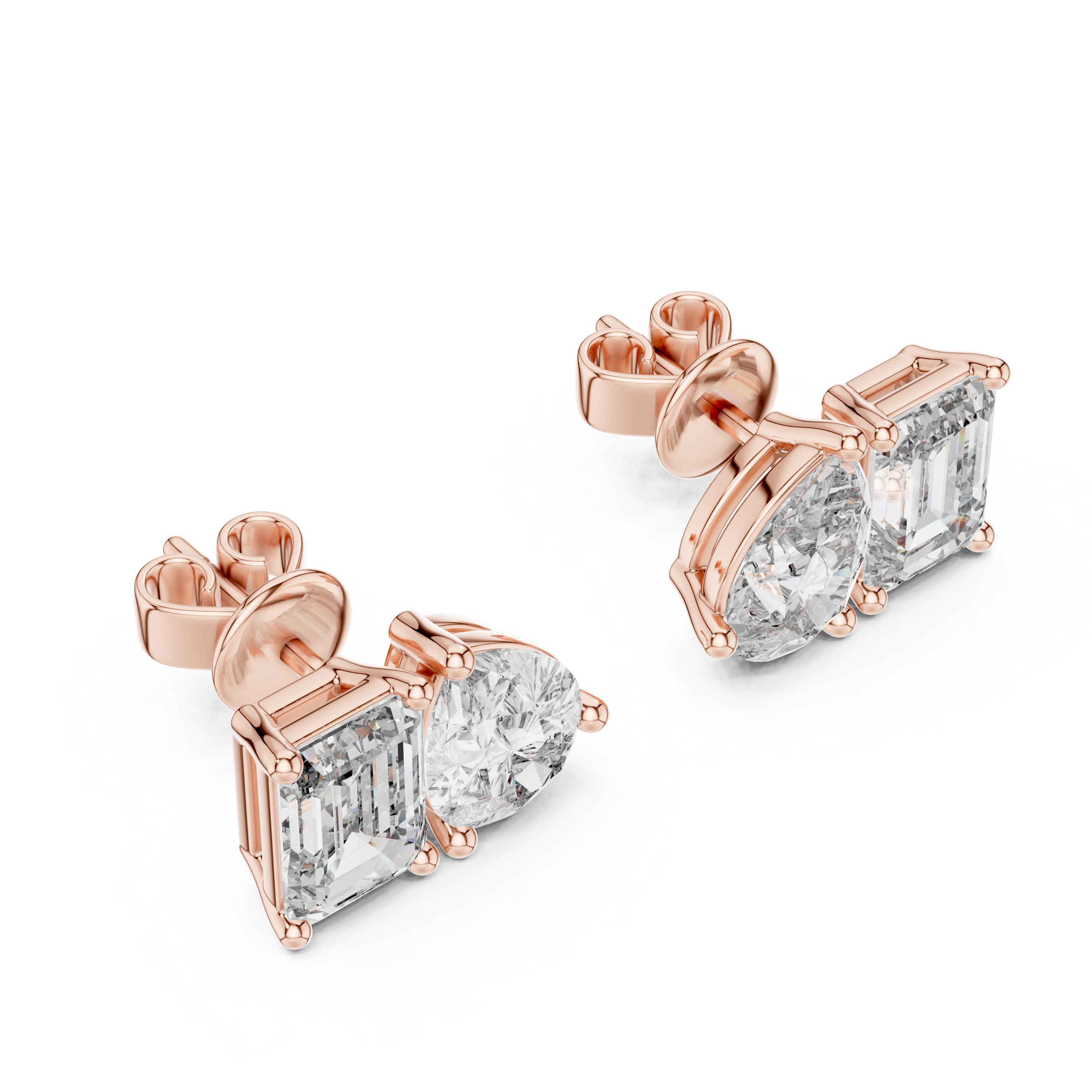 Rose gold pear and emerald moissanite earrings side profile
