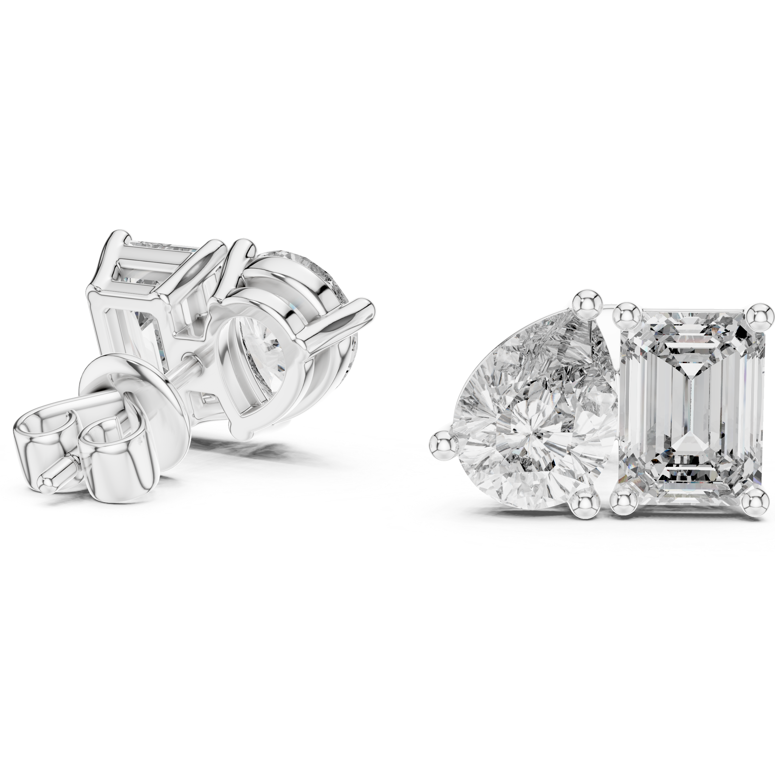 Diamond earrings with rectangular and pear-shaped gemstones on a white background