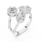 Silver ring with three diamond-shaped stones on a white background