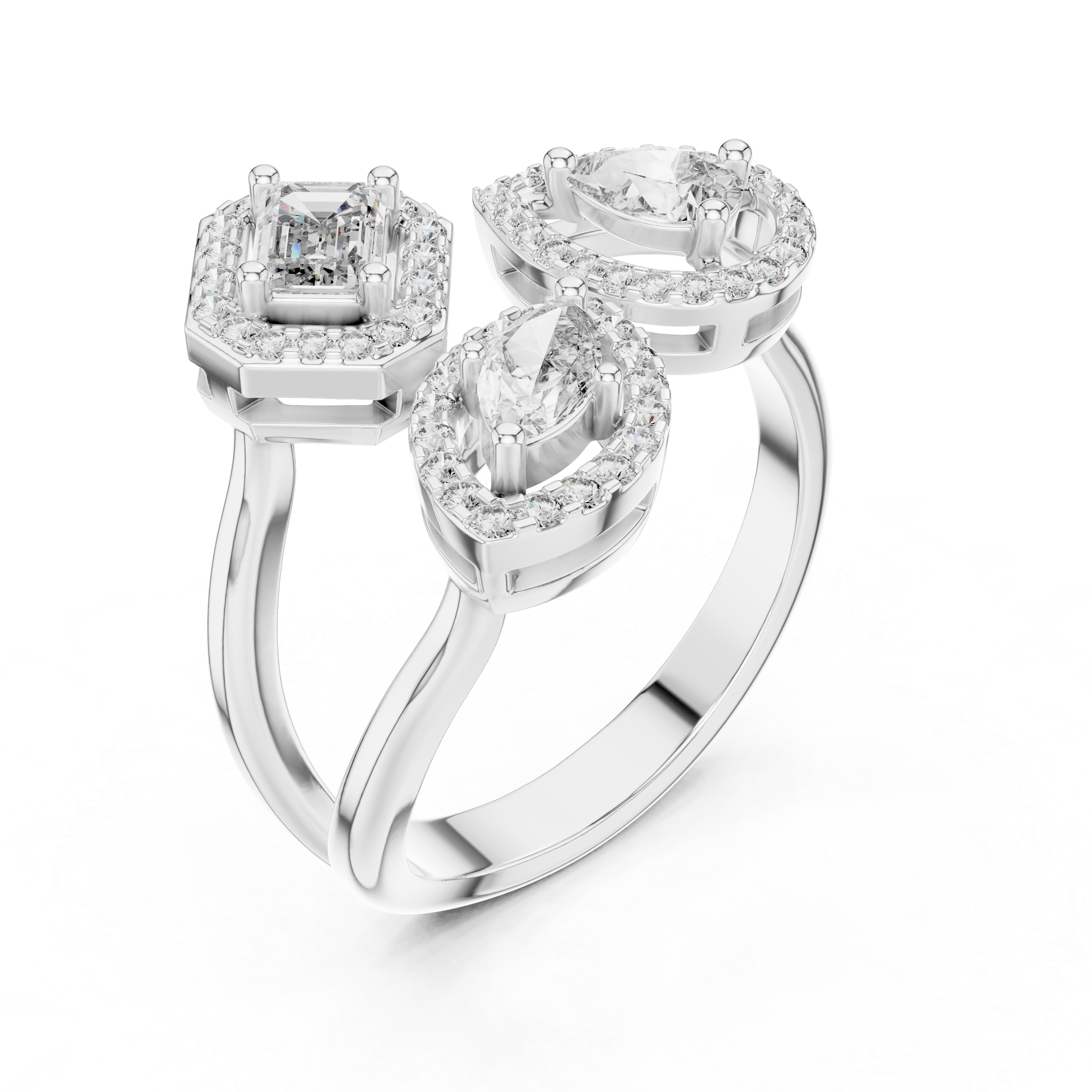 Silver ring with three diamond-shaped stones on a white background