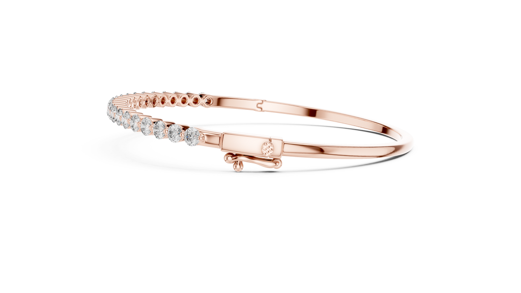 Side profile of rose gold diamond bangle with secure clasp detail