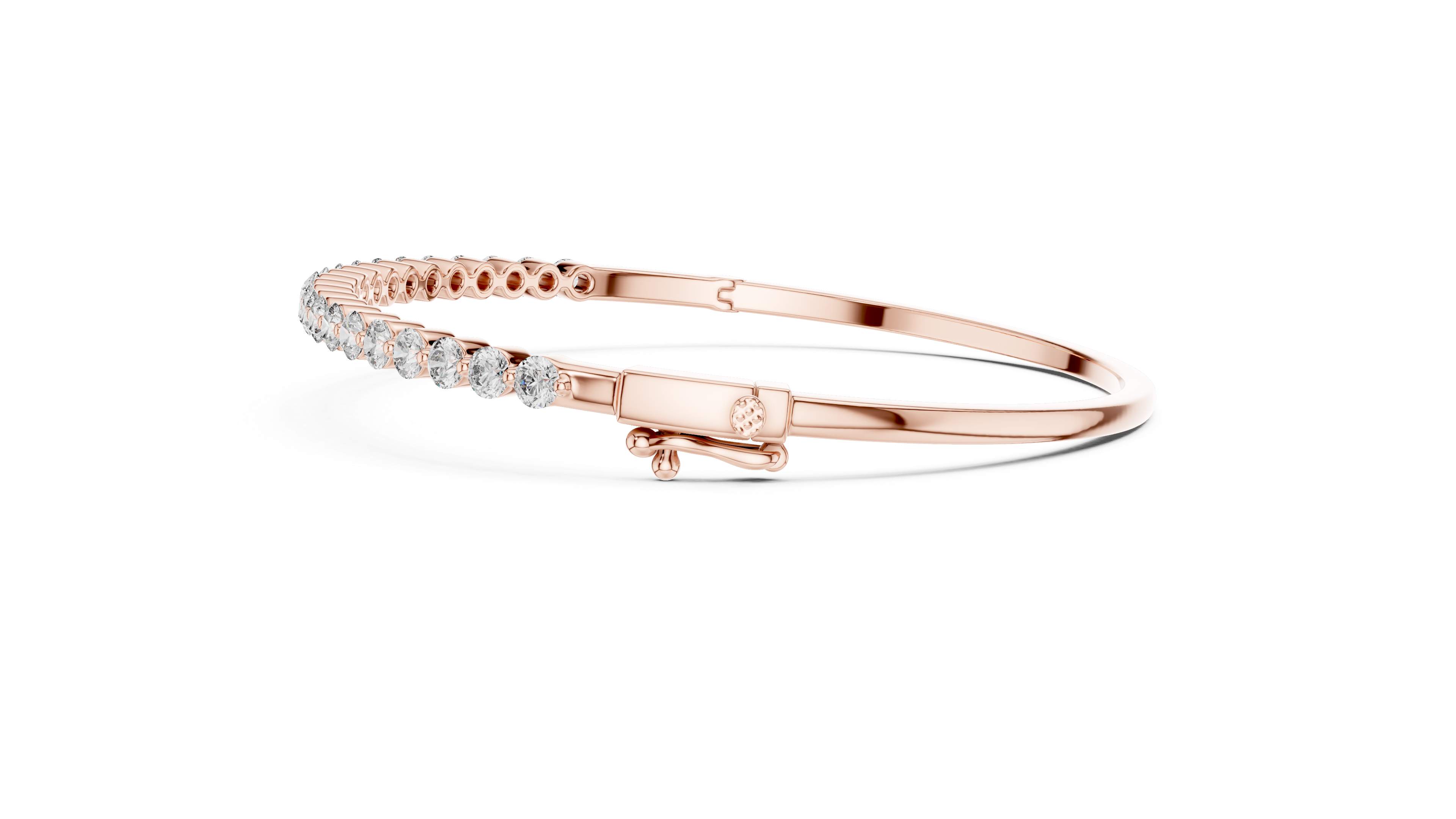 Side profile of rose gold diamond bangle with secure clasp detail