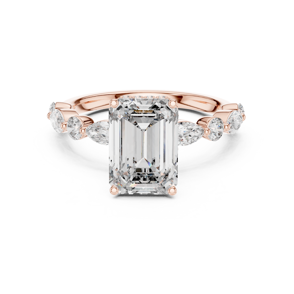 Rose gold emerald cut moissanite halo ring with romantic warm tone