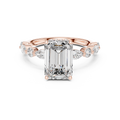 Rose gold emerald cut moissanite halo ring with romantic warm tone