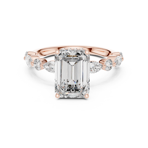 Rose gold emerald cut moissanite halo ring with romantic warm tone