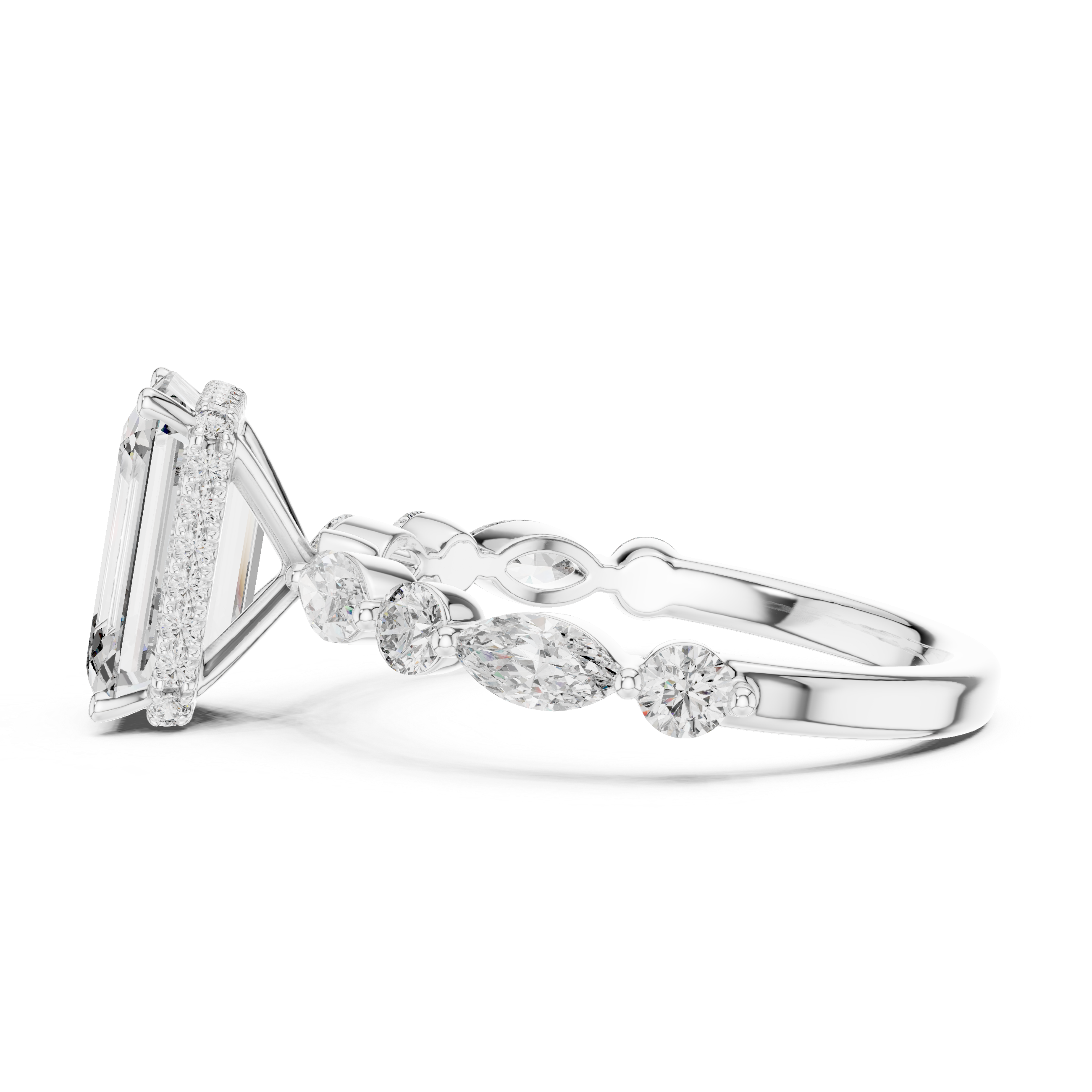 Luxury white gold emerald engagement ring with brilliant center stone