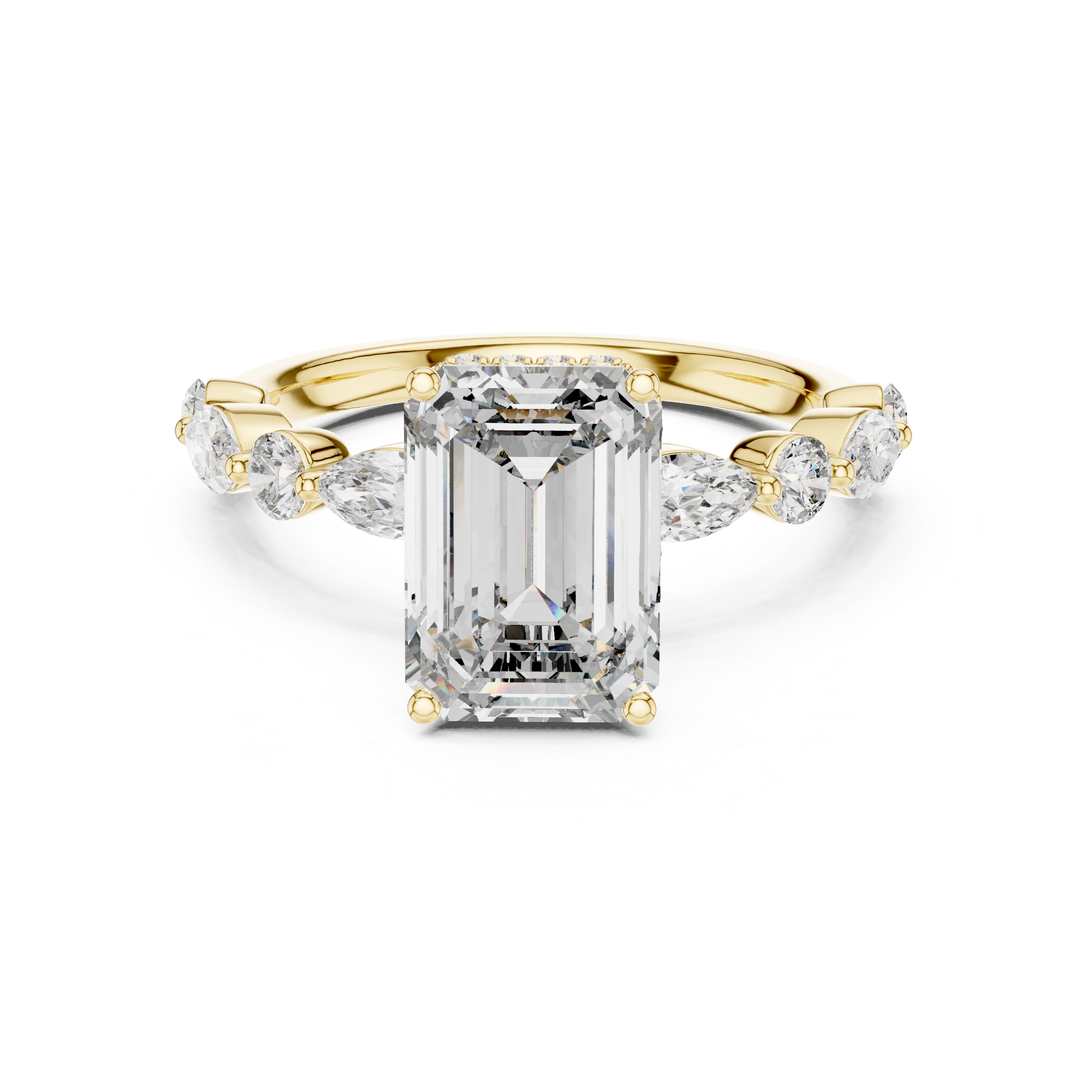 Yellow gold emerald cut moissanite engagement ring with halo sparkle