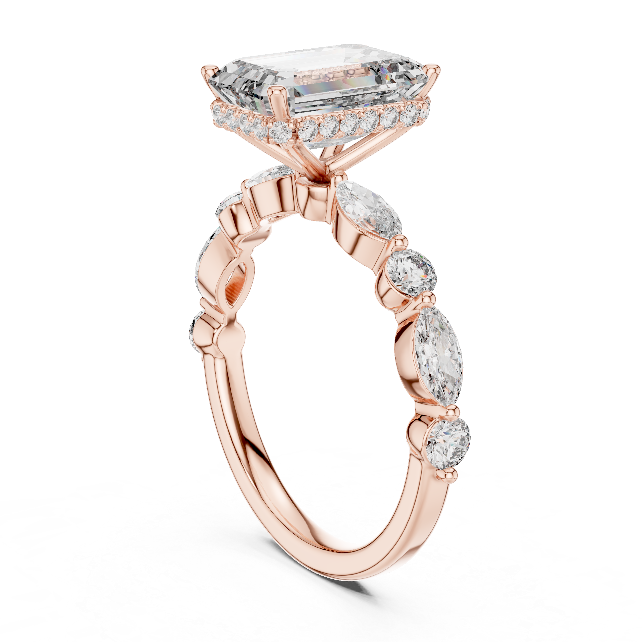 Rose gold halo statement ring with elevated basket design