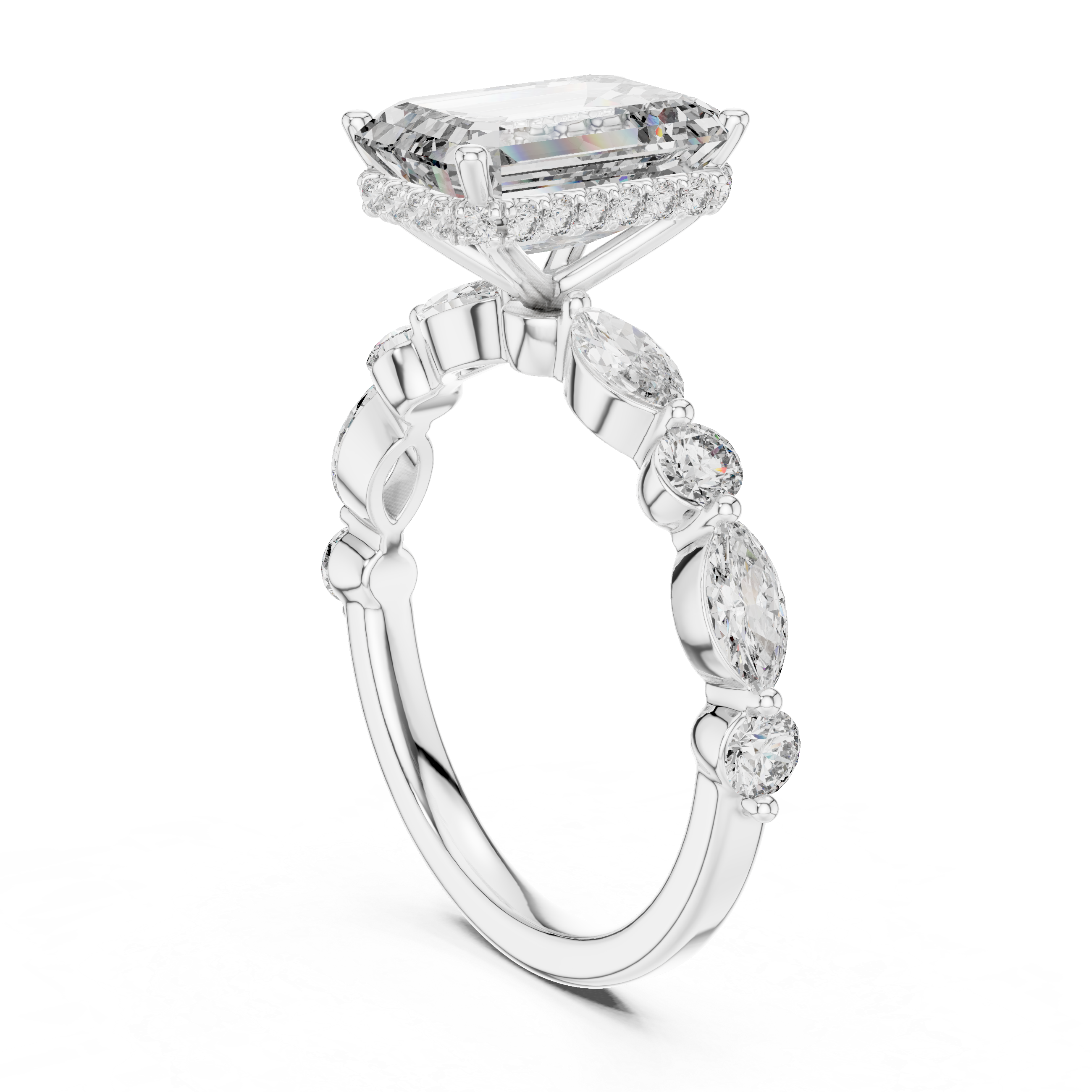 White gold halo moissanite ring showcasing structured elegant design