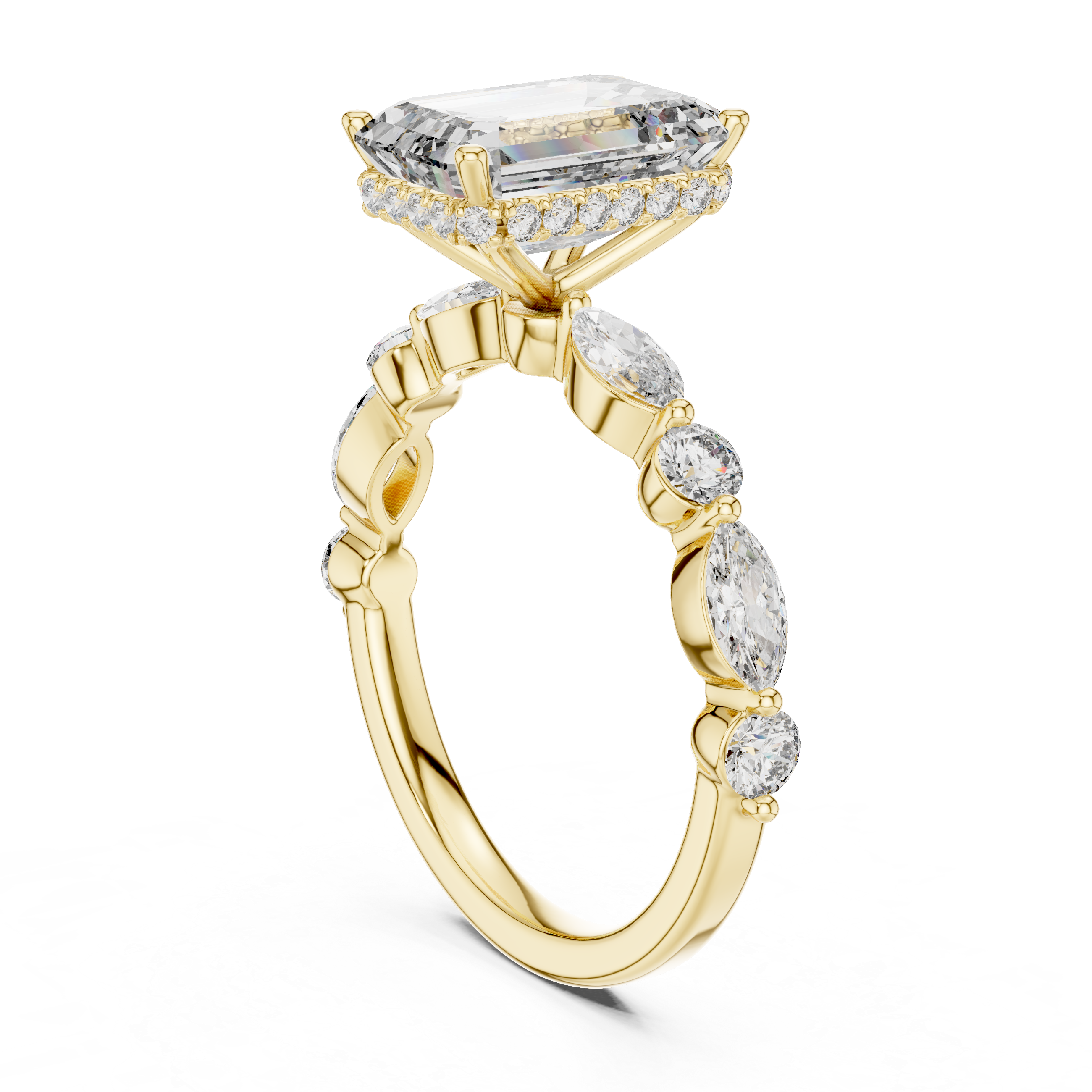 Yellow gold halo ring featuring bold emerald cut brilliance
