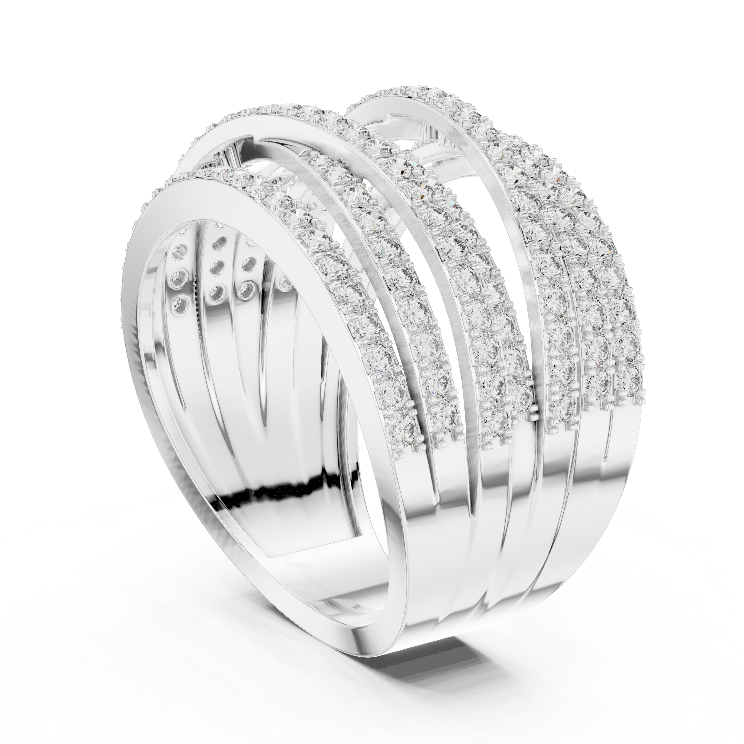 designer stacked moissanite wide band ring 14k white gold angle perspective