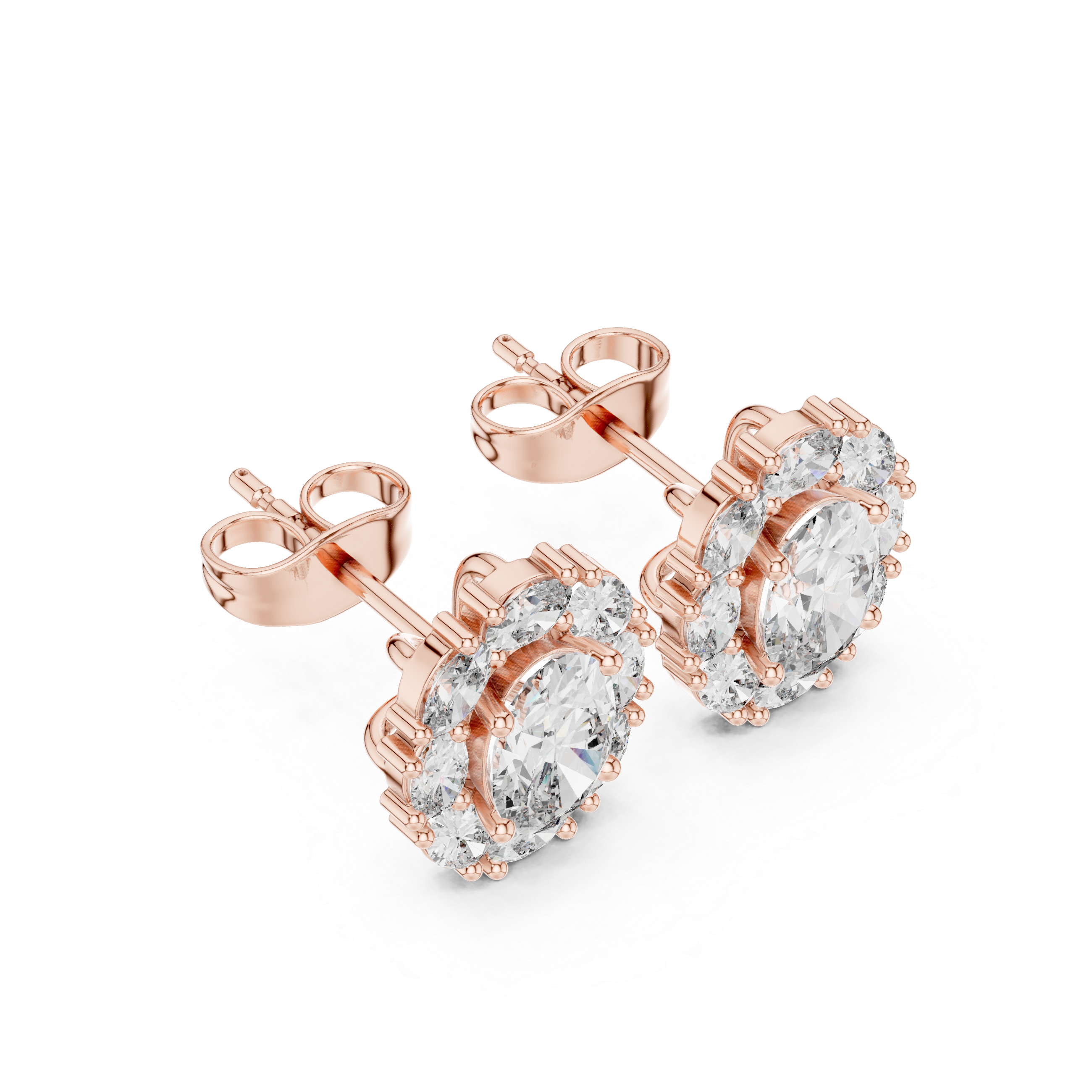 Rose gold oval floral halo earrings angled view
