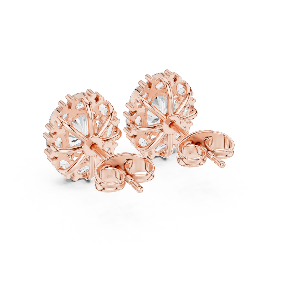 Rose gold oval halo earrings back push lock view