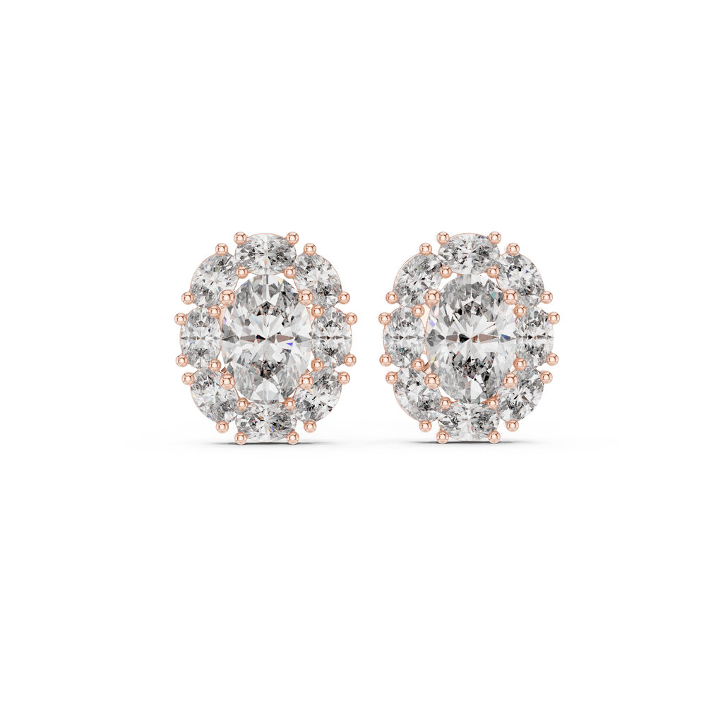 Rose gold oval halo moissanite stud earrings front view
