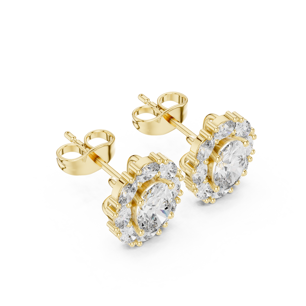 Yellow gold oval floral halo earrings angled view