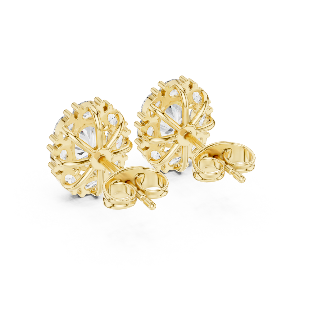 Yellow gold oval halo earrings back push lock view