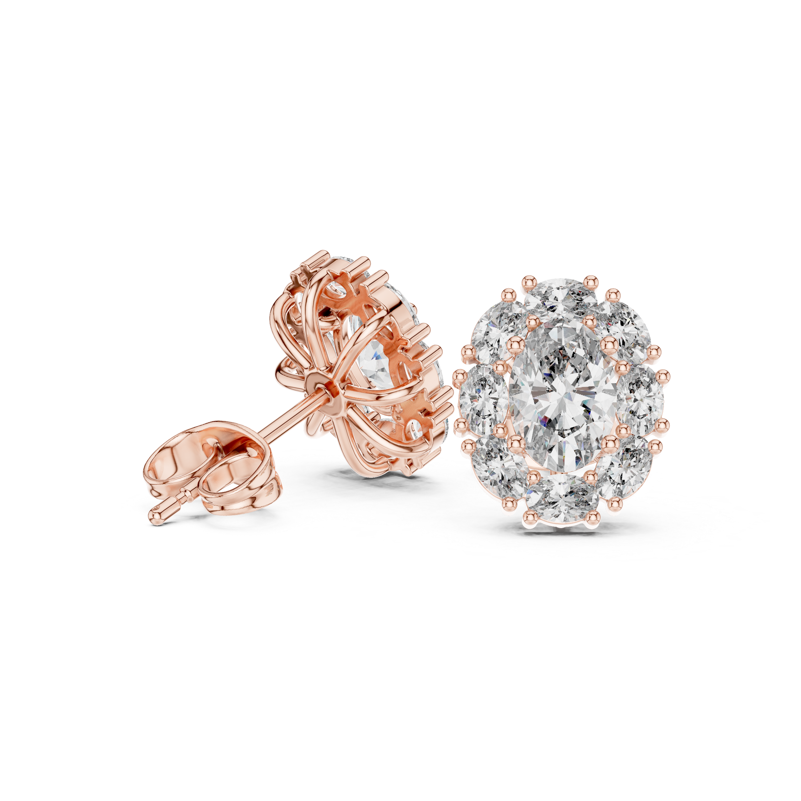 Rose gold and silver earrings on a white background