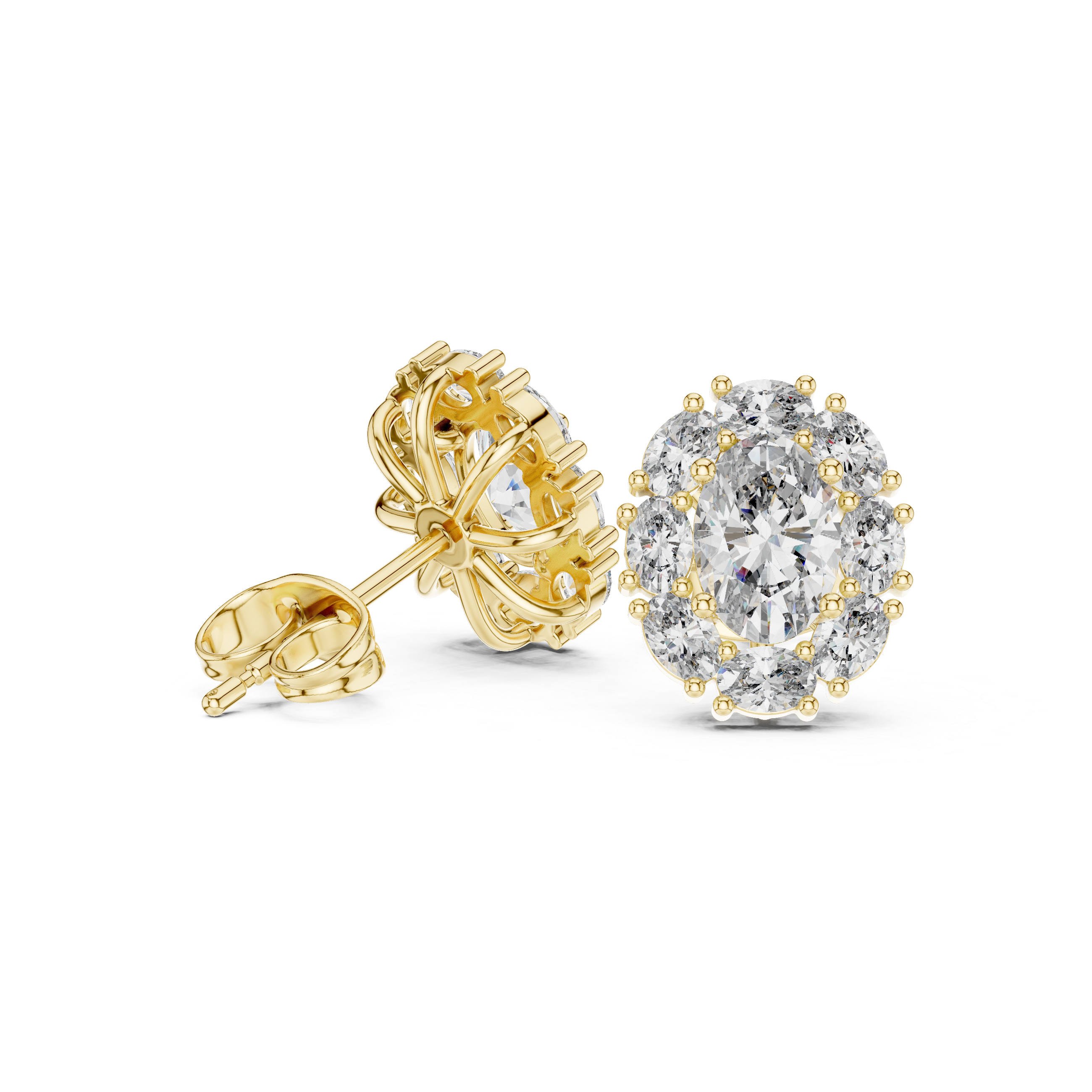 Gold earrings with clear gemstones on a white background