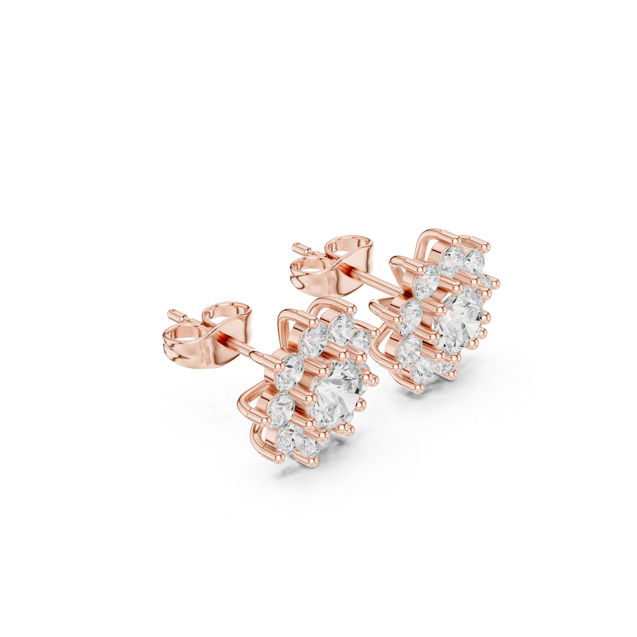 mozow x rose gold halo moissanite earrings angled luxury perspective